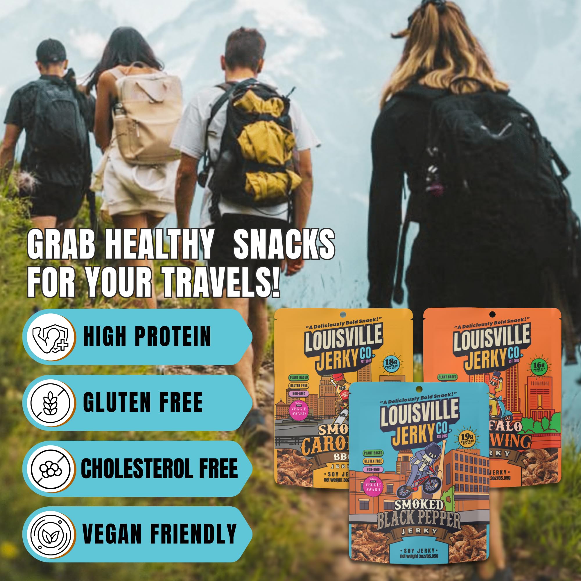 Louisville Vegan Jerky Co. Best Sellers 1 Variety Bundle Vegan Jerky 3 oz. 3 pack (Smoky Carolina BBQ, Smoked Black Pepper, Maple Bacon)