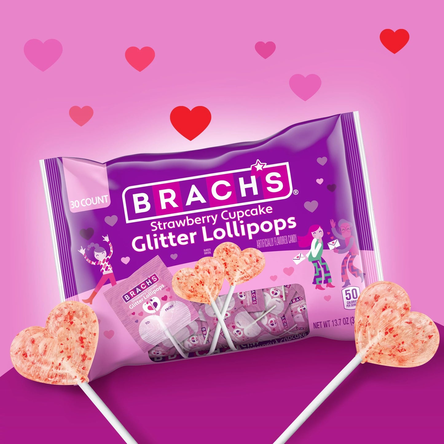 Brach’s Strawberry Cupcake Glitter Lollipops, Valentine's Day Candy, Individually Wrapped, 30 count
