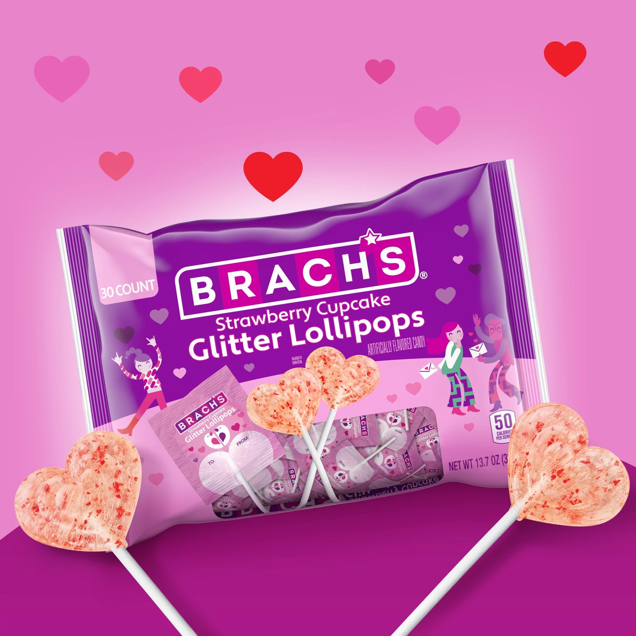 Brach’s Strawberry Cupcake Glitter Lollipops, Valentine's Day Candy, Individually Wrapped, 30 count