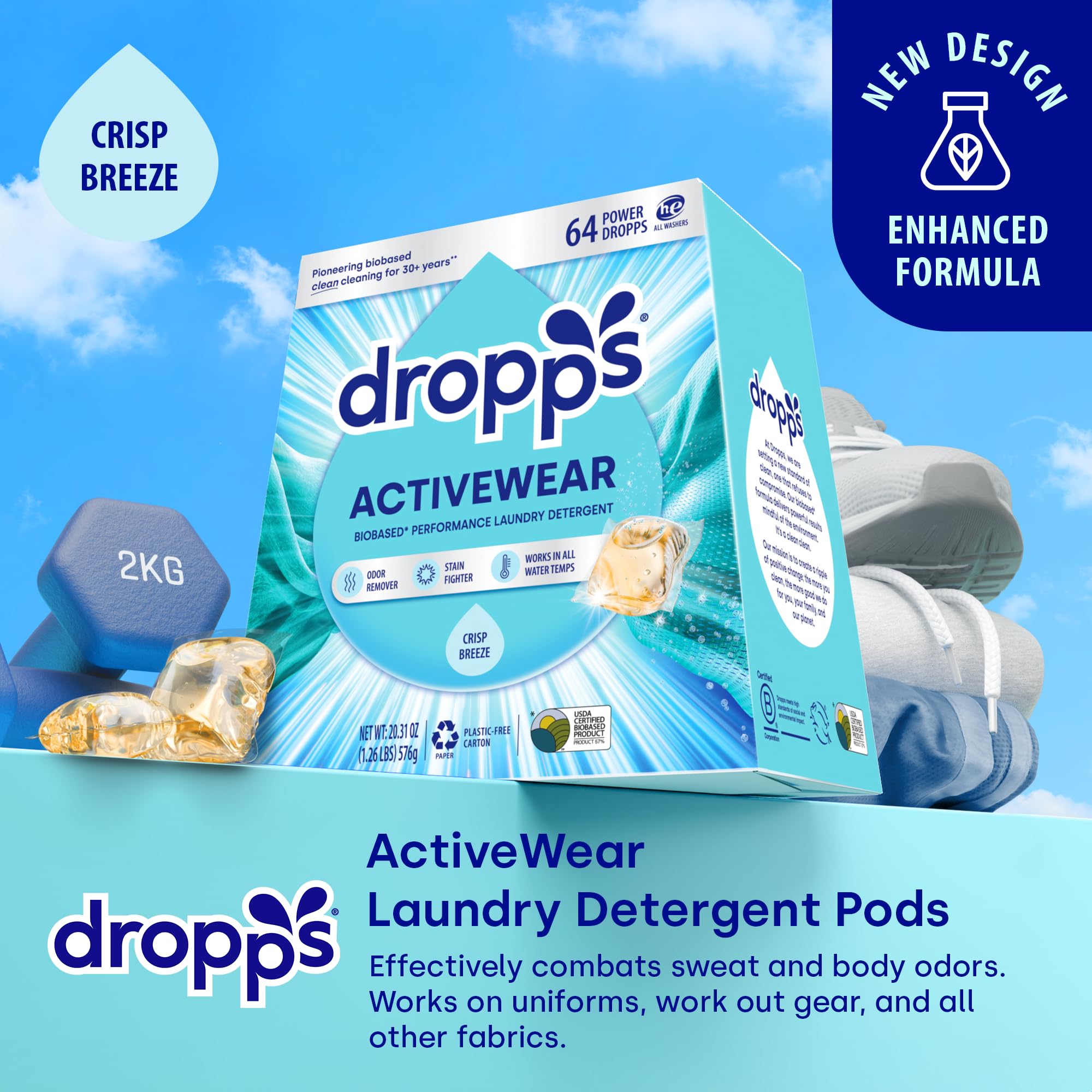 Dropps Activewear Laundry Detergent Pods, Crisp Breeze (64 Count) - Powerful Laundry Pods | Fights Sweat & Body Odors | For Synthetic Workout Clothes