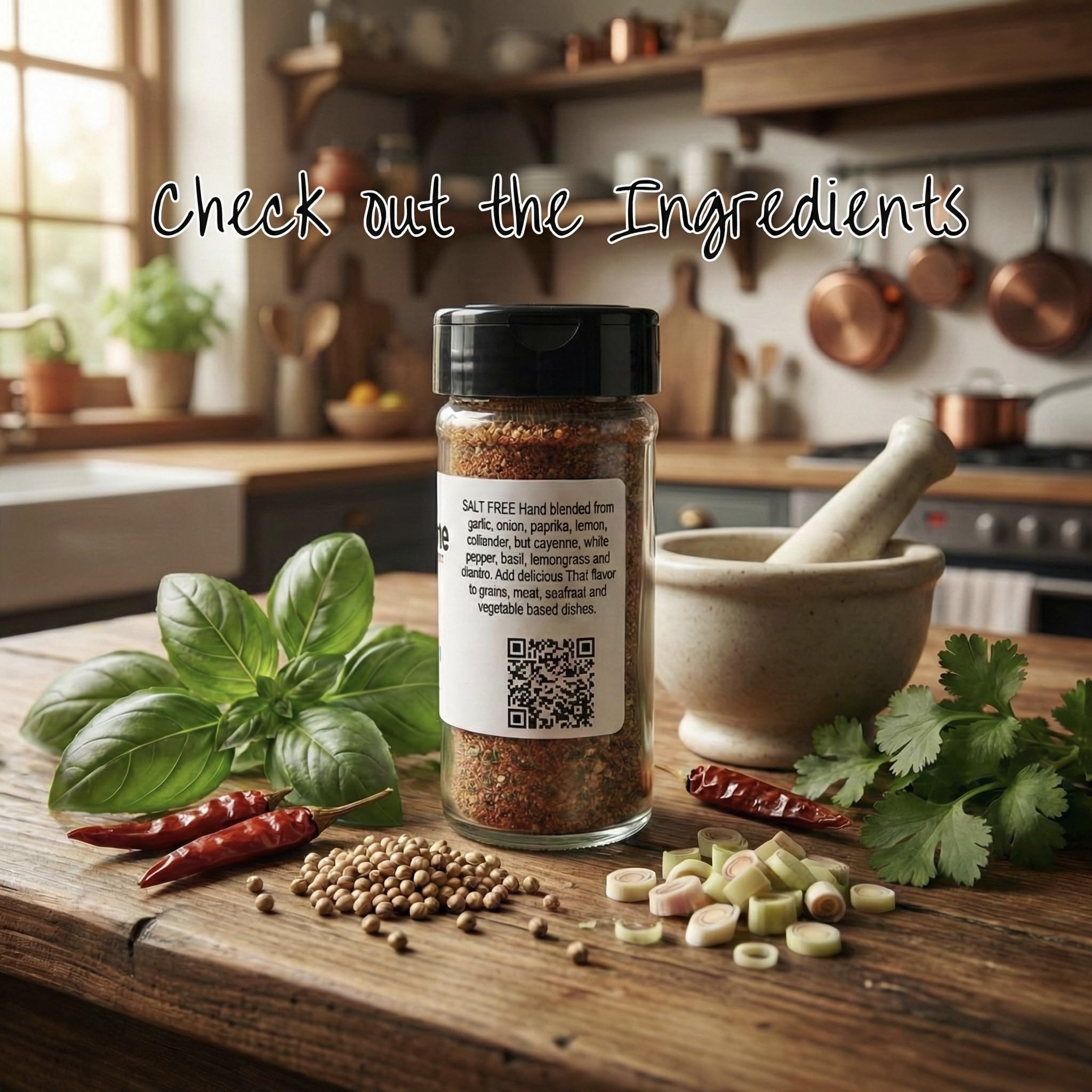 Stir Fry, Spicy Thai Seasoning, Salt Free Spice blend, Suited for all Vegetables, Meat, Stir Fry, Popcorn, Noodles, 2.5 oz Glass Bottle with Sifter