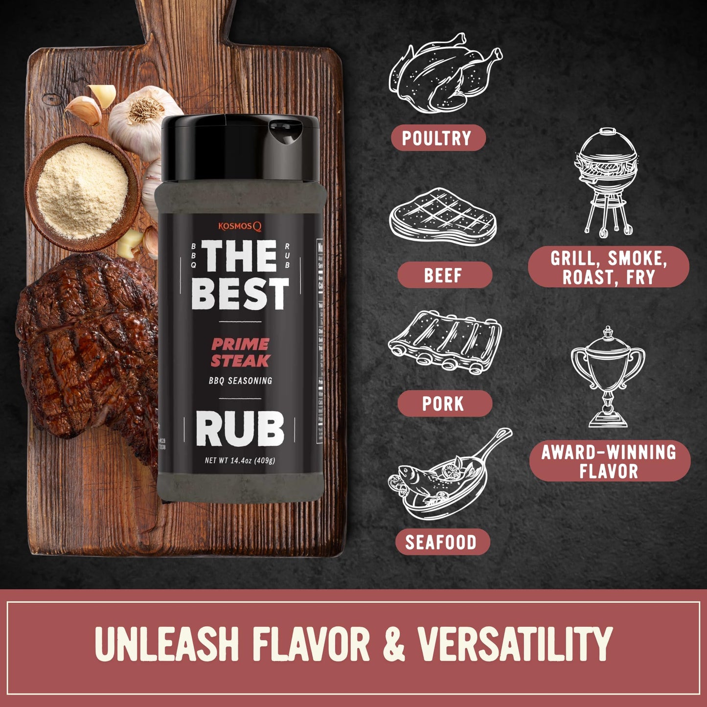 Kosmos Q The Best Prime Steak Rub, Bold BBQ Meat Dry Rub & Steak Seasoning with Garlic, Onion, Spices & Smoke Flavor, For Ribs, Pork Chops, Chuck