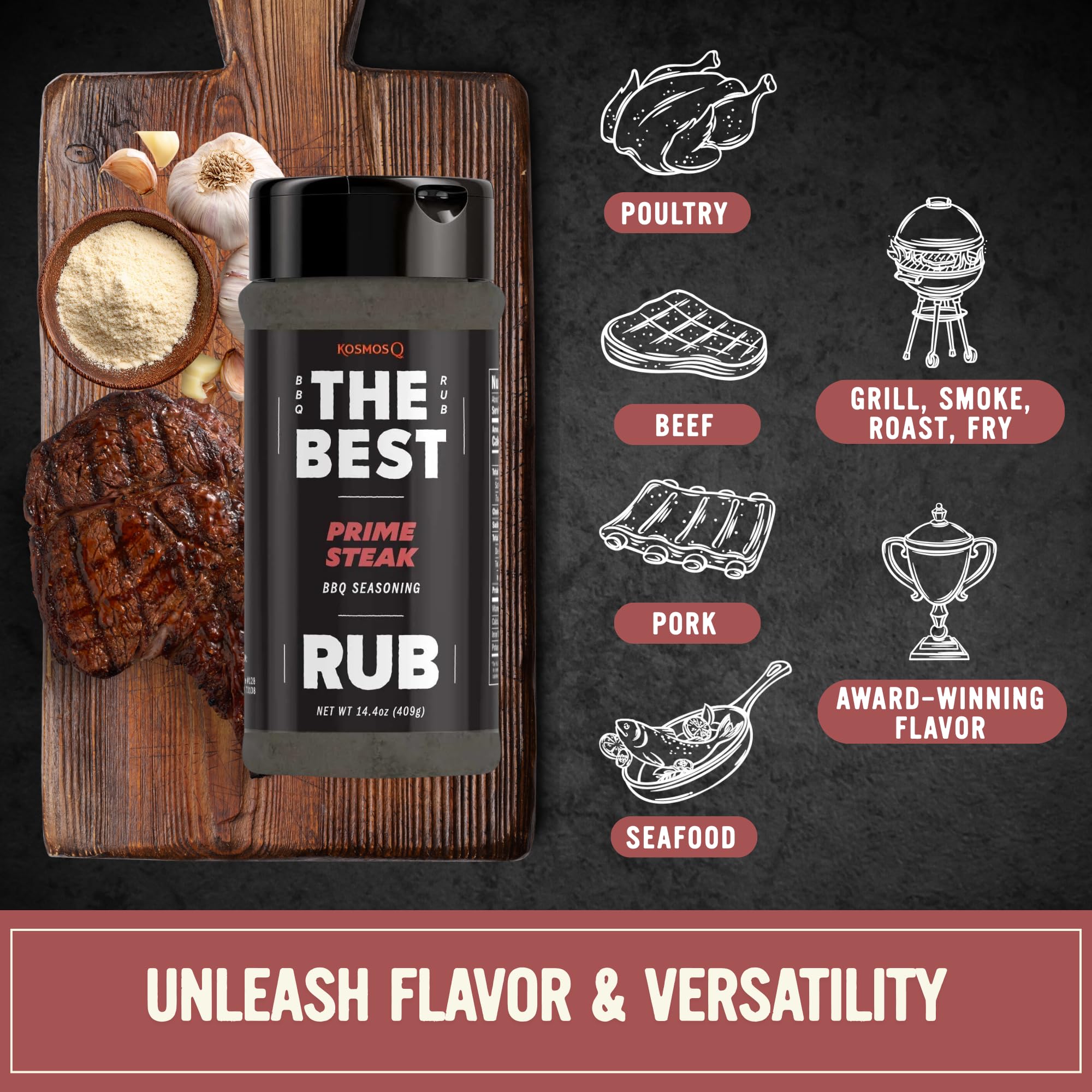 Kosmos Q The Best Prime Steak Rub, Bold BBQ Meat Dry Rub & Steak Seasoning with Garlic, Onion, Spices & Smoke Flavor, For Ribs, Pork Chops, Chuck