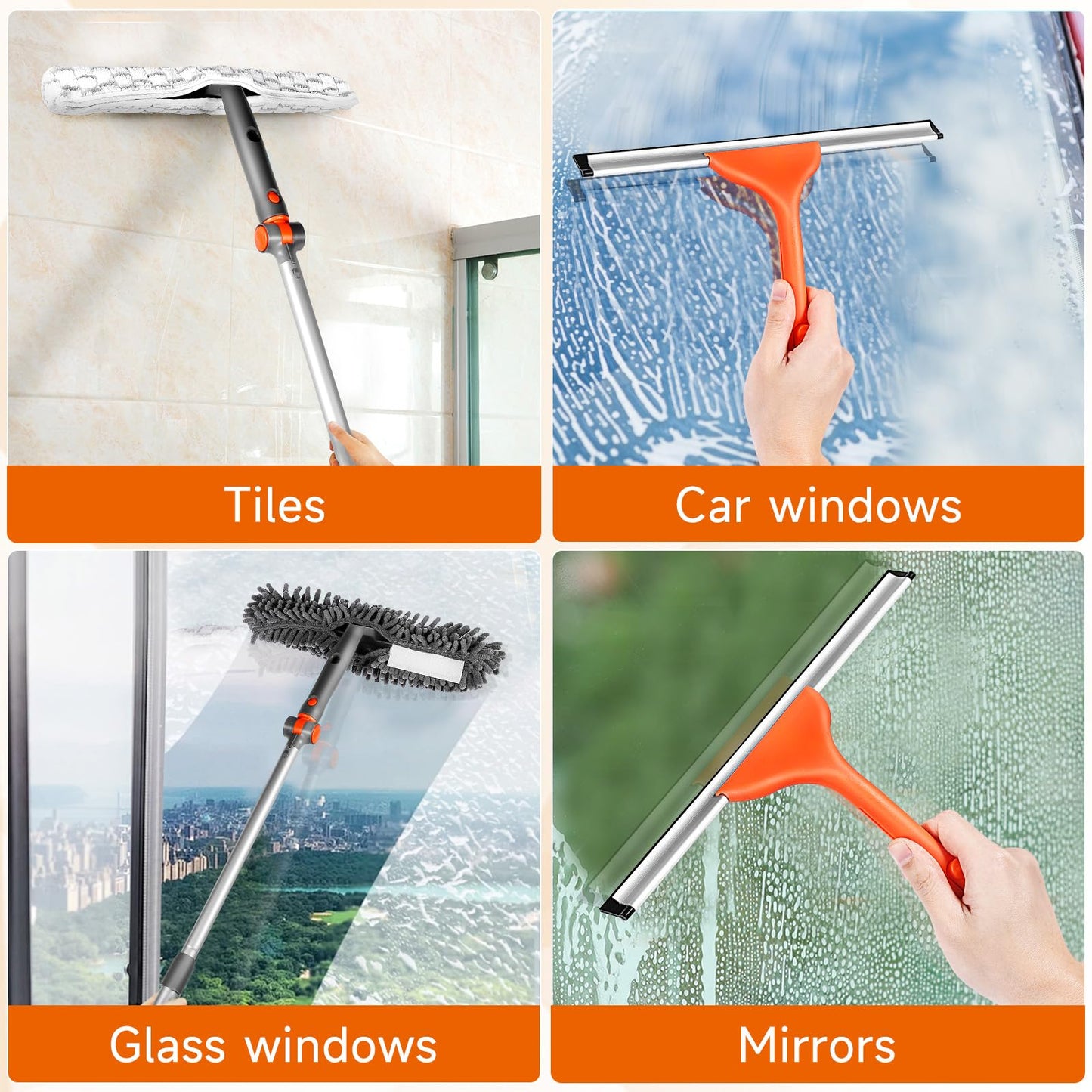 Chabatree Window Squeegee Cleaner Set 2-in-1 Window Cleaning Tool with Extendable Pole, Window Cleaning kit with Bendable Head for Indoor & Outdoor