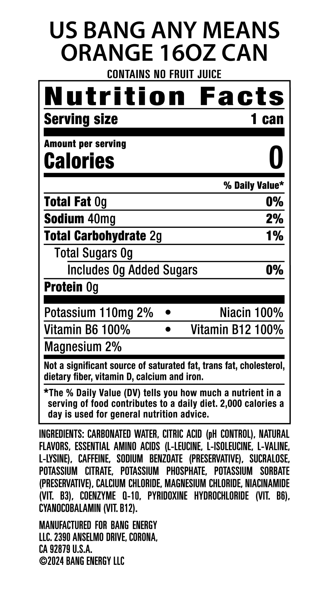 Bang Energy Any Means Orange, Sugar-Free Energy Drink, 16-Ounce