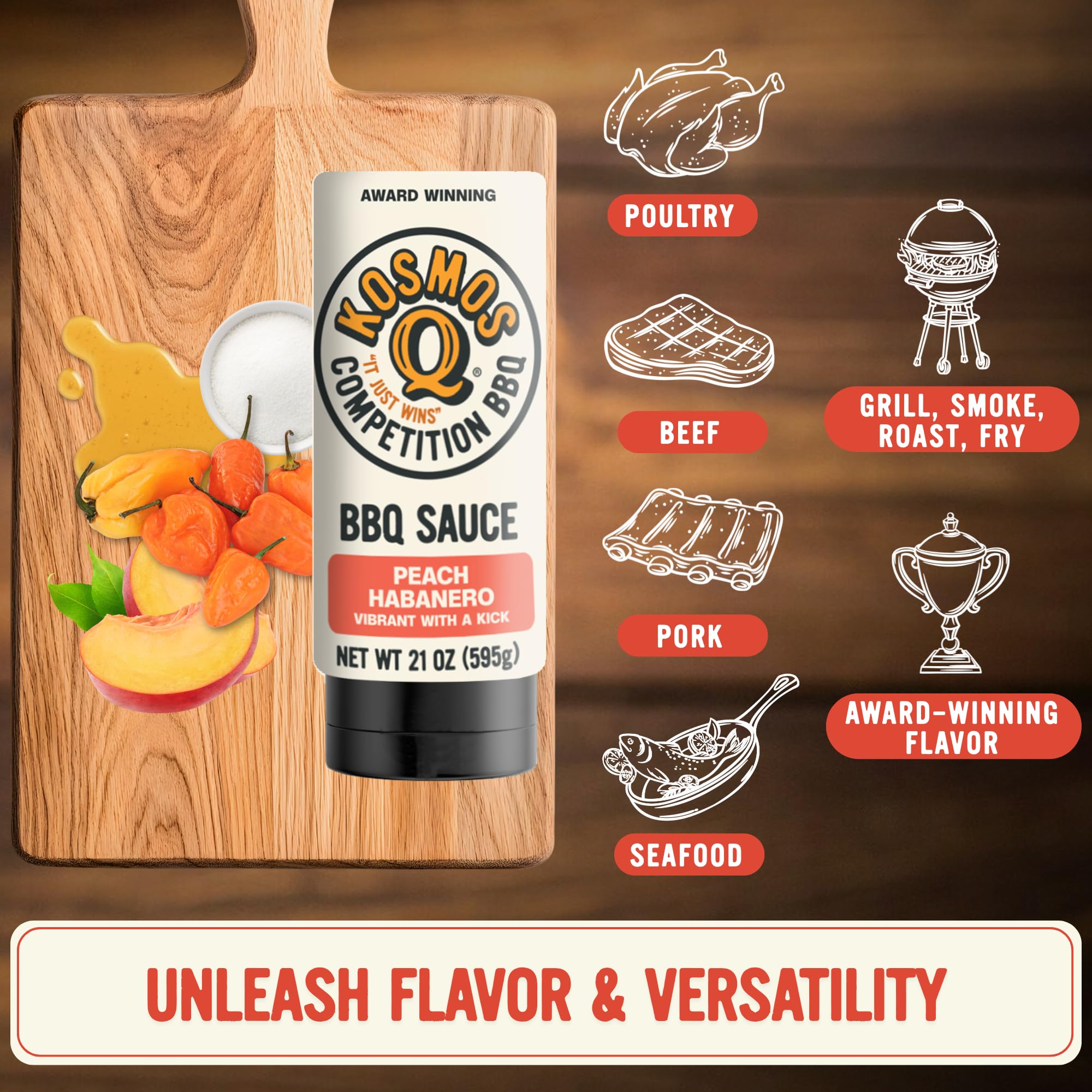 Kosmos Q New Peach Habanero BBQ Sauce, Sweet and Spicy Barbecue Sauce for Ribs, Pork, Chicken, or Brisket, Thick Marinade & Finishing Glaze with Real
