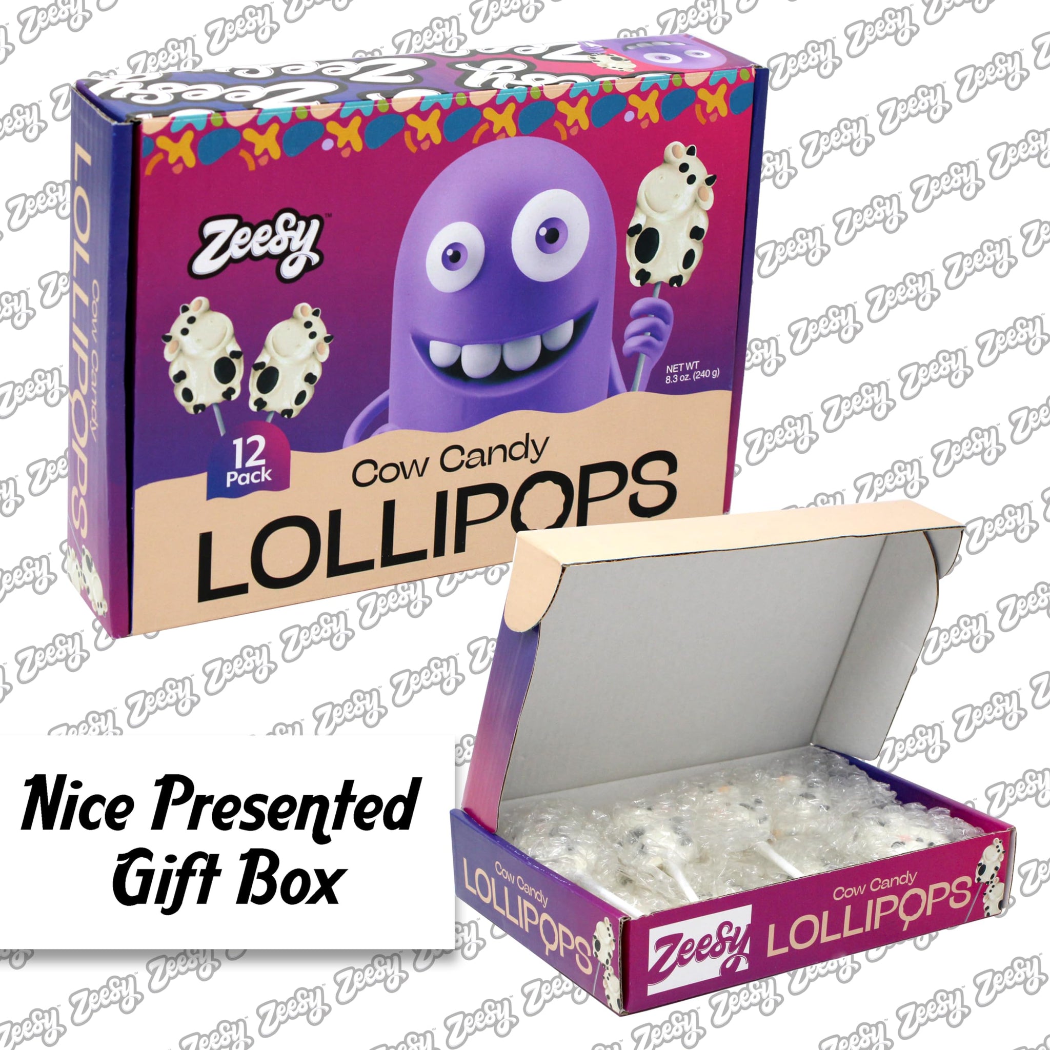 Zeesy Cow Candy Lollipops - 12 Individually Wrapped Cow Party Suckers - Farm Animal Party Favors fo Cow Birthday, Farm Birthday Party