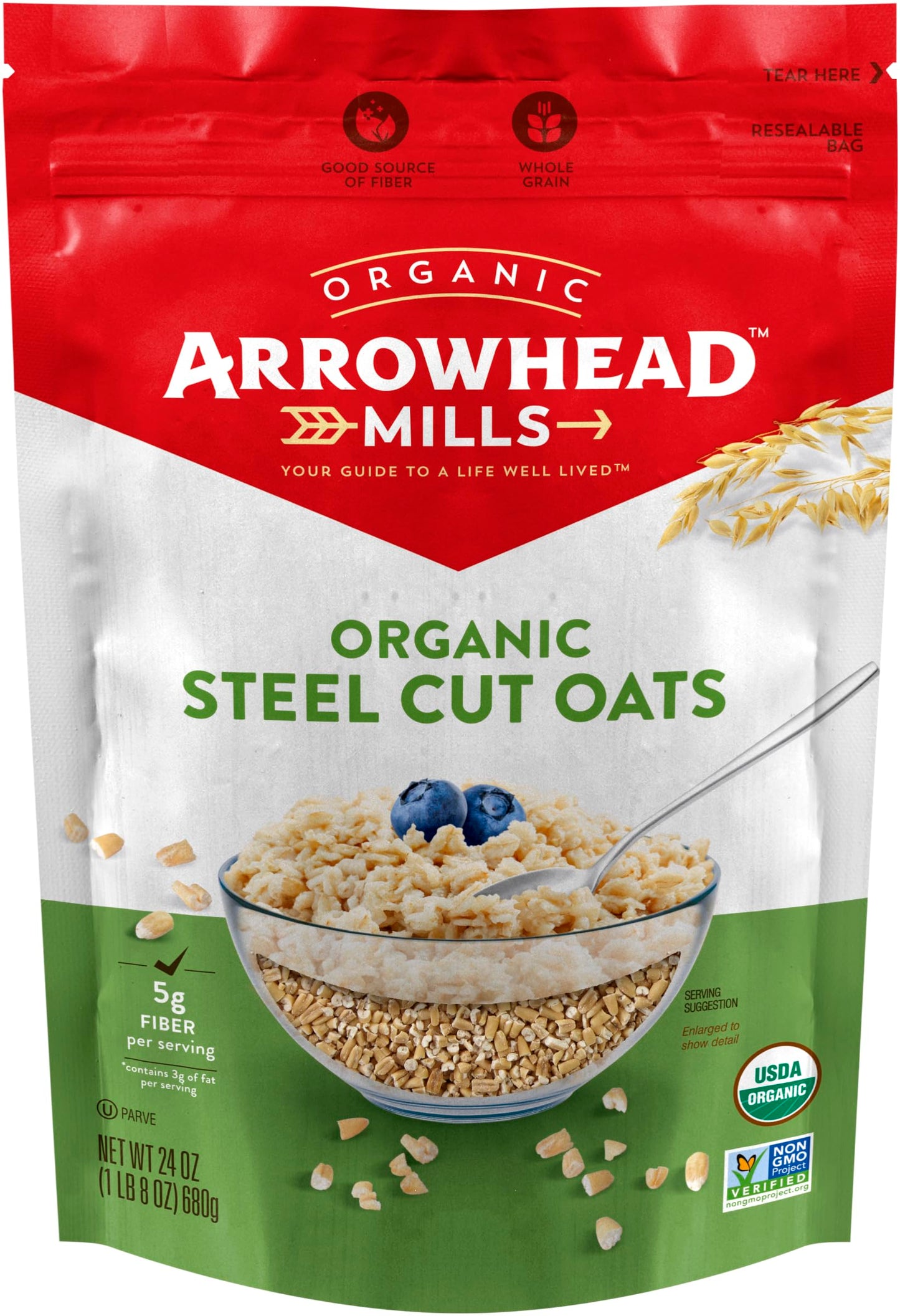 Arrowhead Mills Breakfast Variety, 1 of each: Steel Cut Oats and Bulgur Wheat, USDA Organic, Non-GMO, 24 oz (Pack of 2) with By The Cup Cereal Bowl