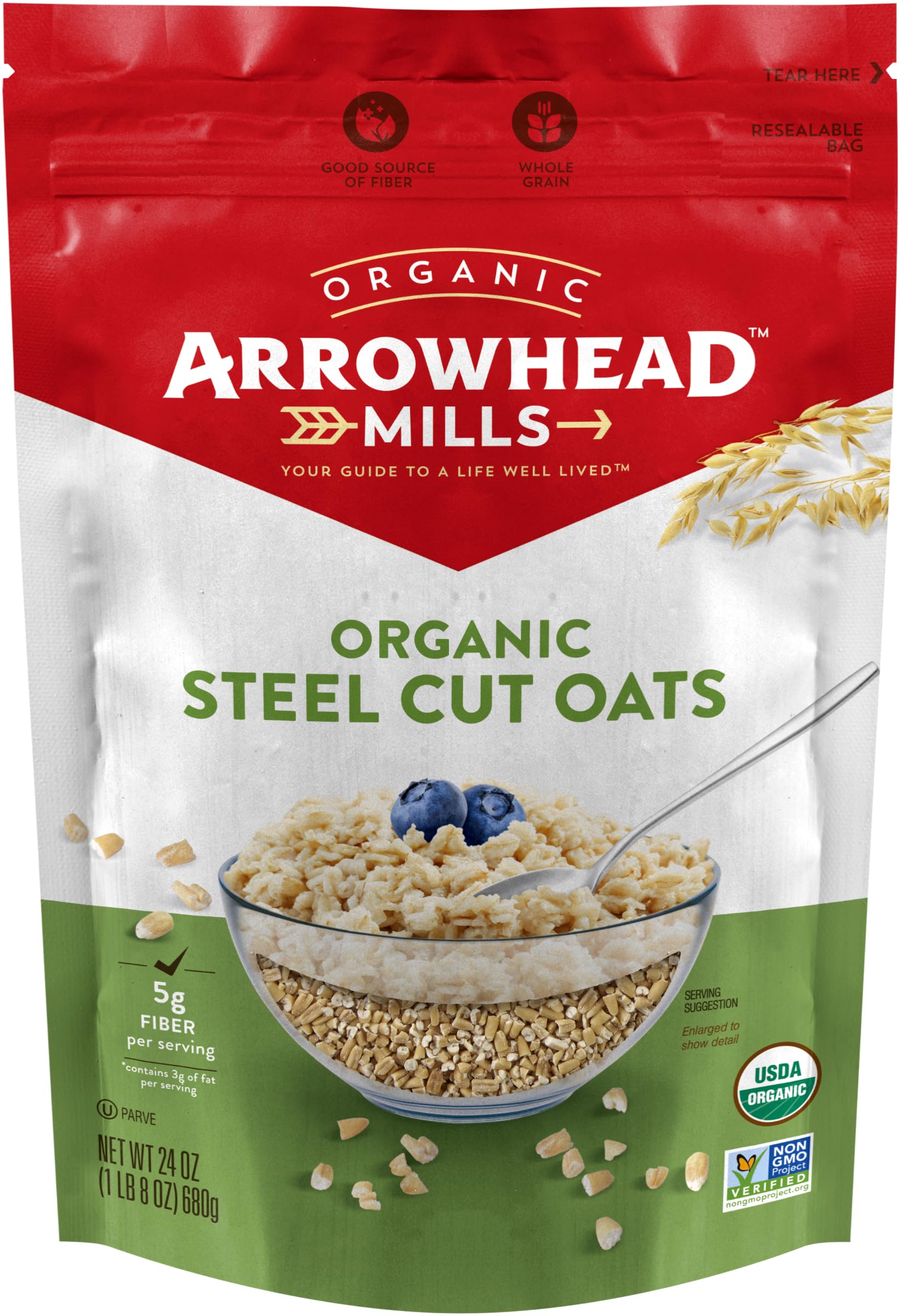 Arrowhead Mills Breakfast Variety, 1 of each: Steel Cut Oats and Bulgur Wheat, USDA Organic, Non-GMO, 24 oz (Pack of 2) with By The Cup Cereal Bowl