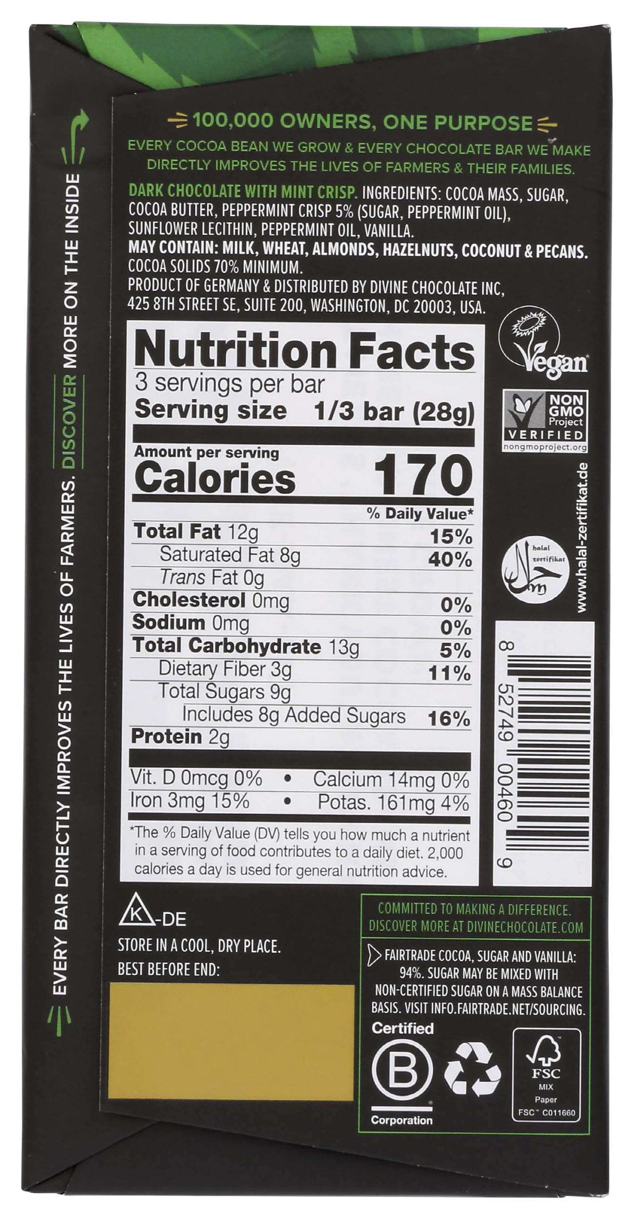 DIVINE CHOCOLATE Chocolate, 70% Dark Chocolate with Mint Crisp, 3 Oz
