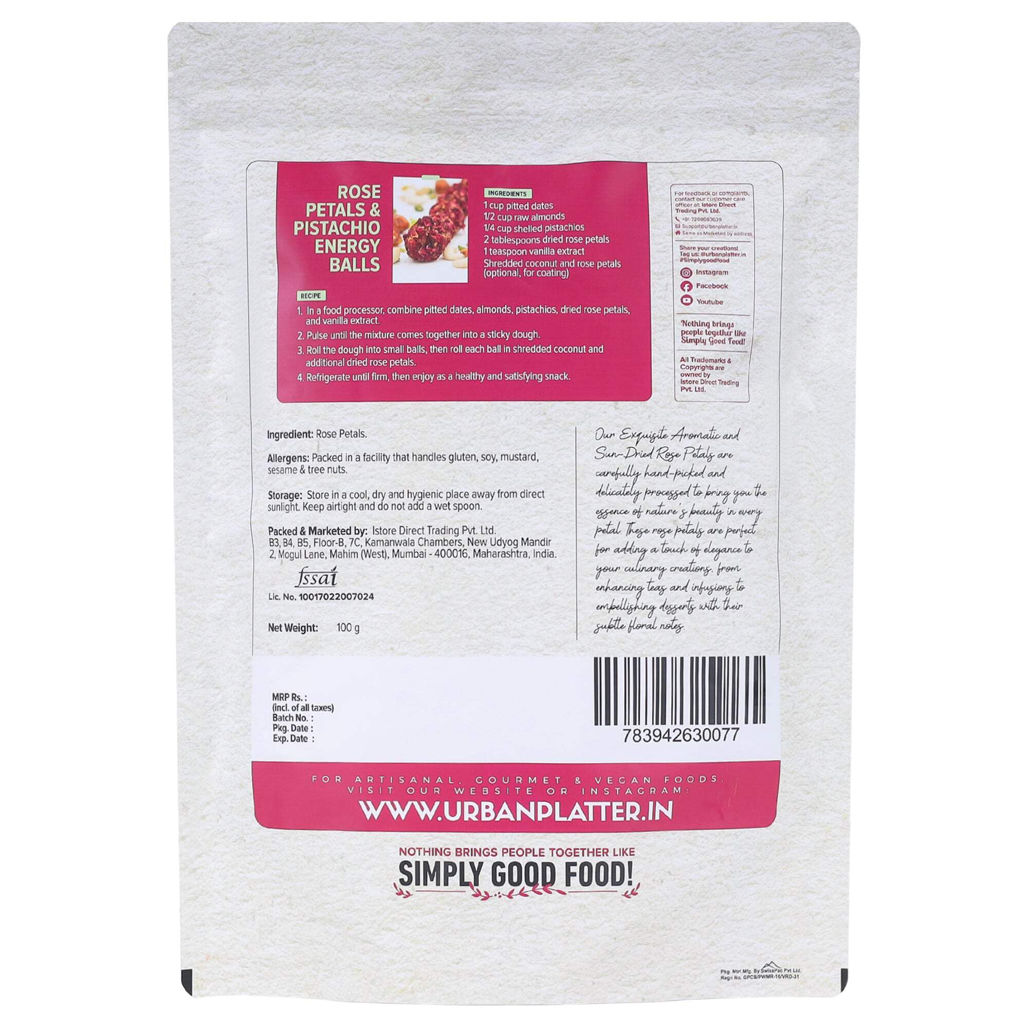 Urban Platter Dried Rose Petals | 3.53 Oz/100g | Edible Gulab Patti | Natural & Pure Aromatic Flower Petals | Used in Herbal Tea, Baking, Desserts