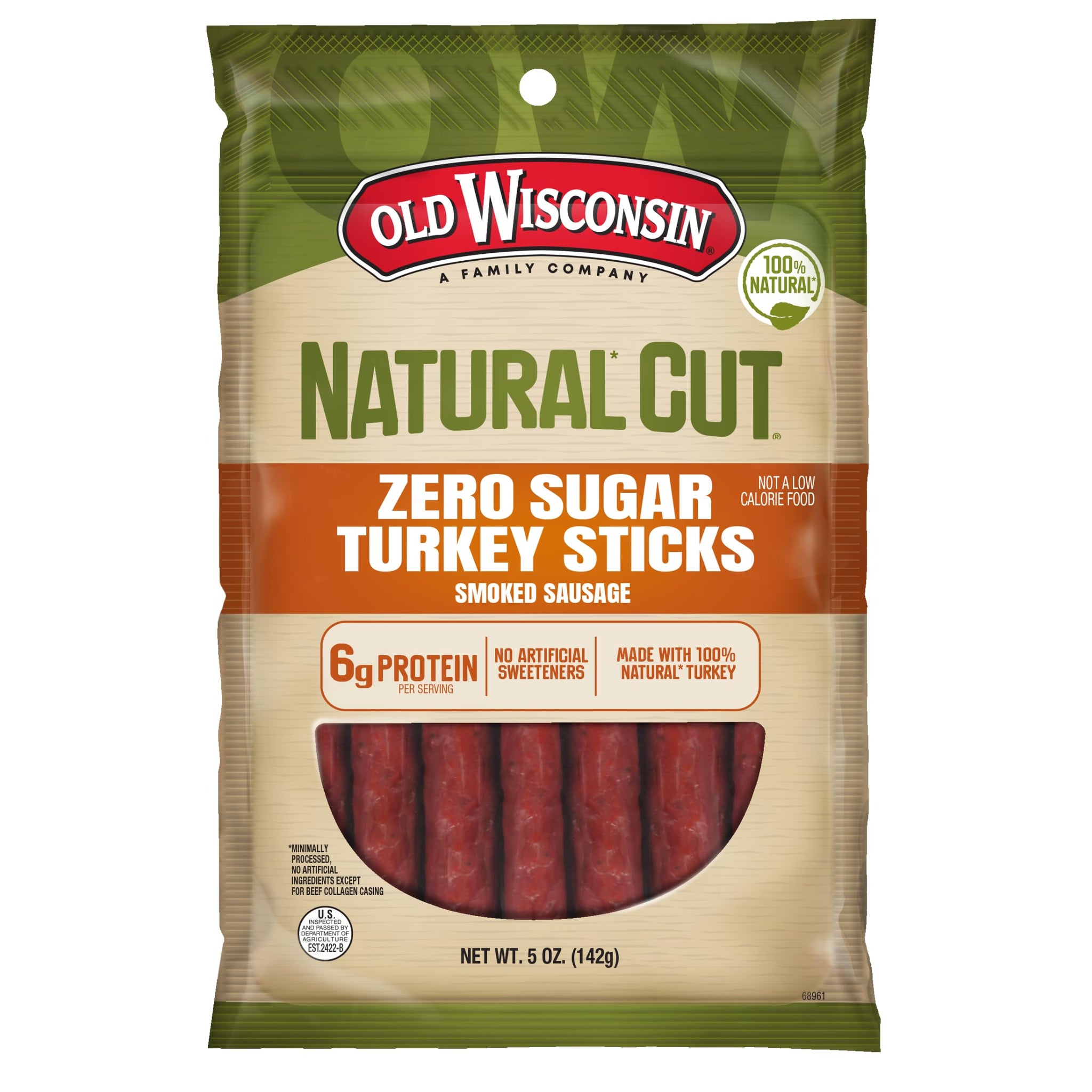 Old Wisconsin Natural Cut Turkey Sausage Snack Sticks, Zero Sugar, Naturally Smoked, Ready to Eat, High Protein, Low Carb, Keto, Gluten Free, No