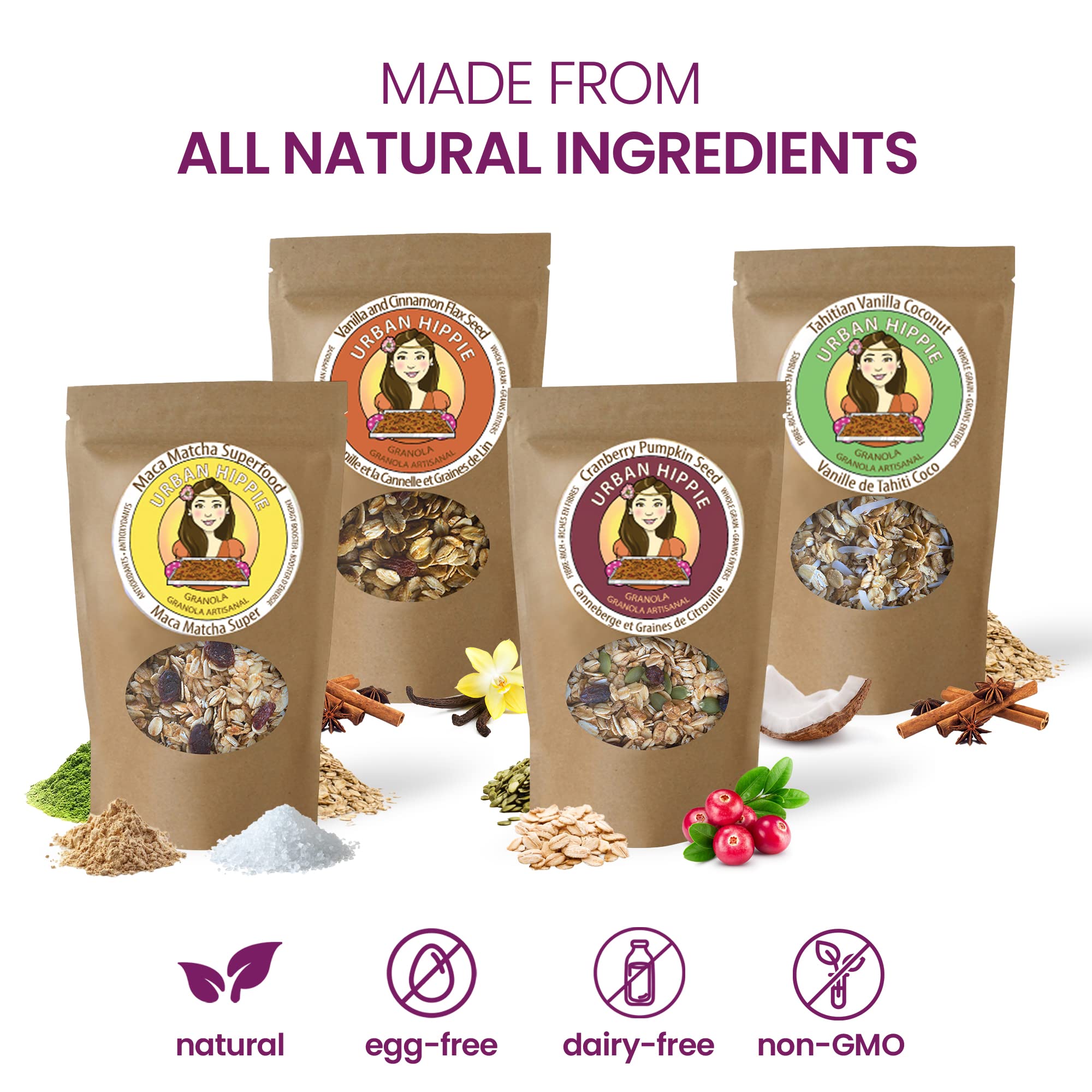 Urban Hippie Granola - Variety Pack of 1 Maca Matcha Superfood, 1 Tahitian Vanilla Coconut, 1 Vanilla and Cinnamon Flax Seed Granola, 1 Cranberry