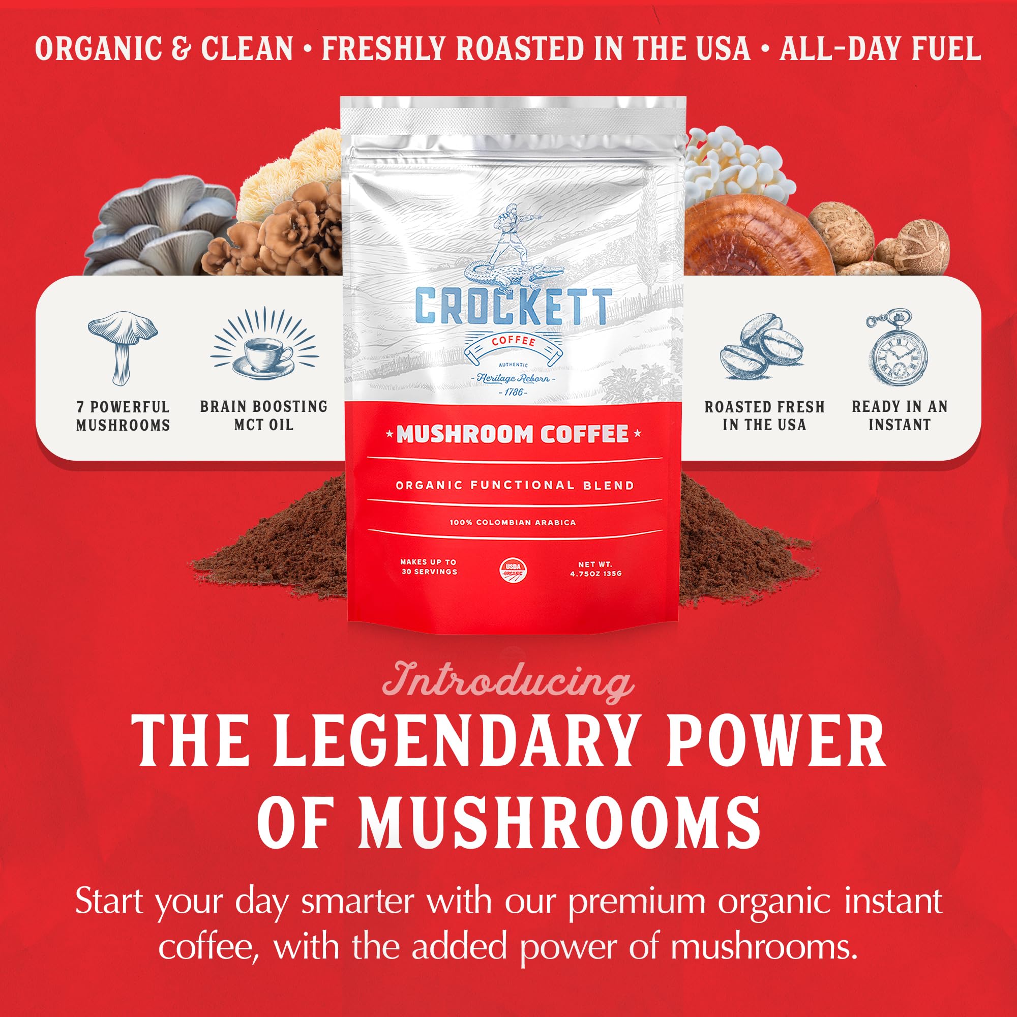 Crockett Coffee Organic Mushroom Coffee with MCT Oil | Antioxidant Rich Functional Blend of 7 Organic Mushrooms for Clear Focus, Gut Health & Clean