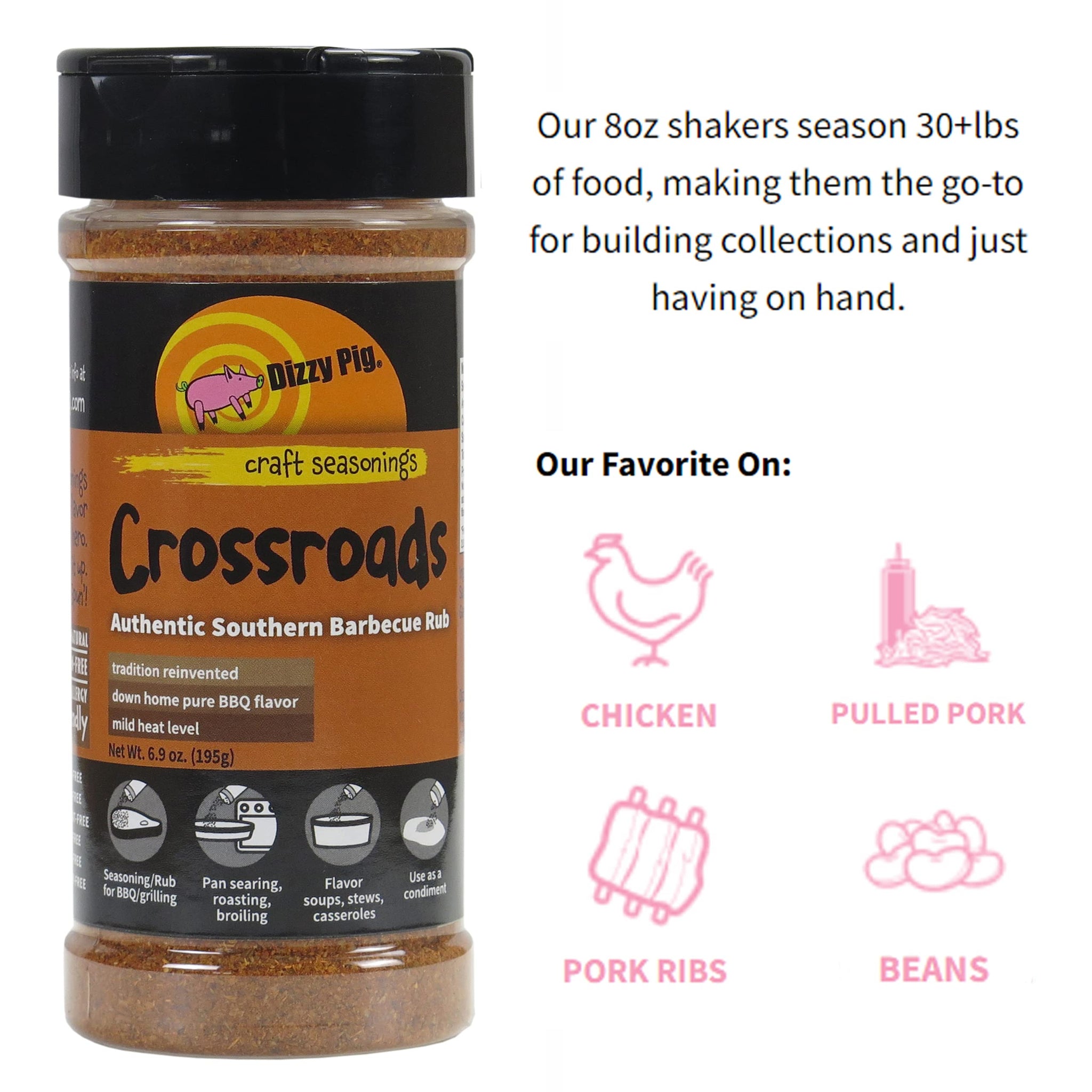 Dizzy Pig Crossroads Authentic Southern Barbecue Seasoning Rub (8oz Shaker) - Seasons 30+lbs of Food - Hand Made in the USA - MSG Free, Gluten Free