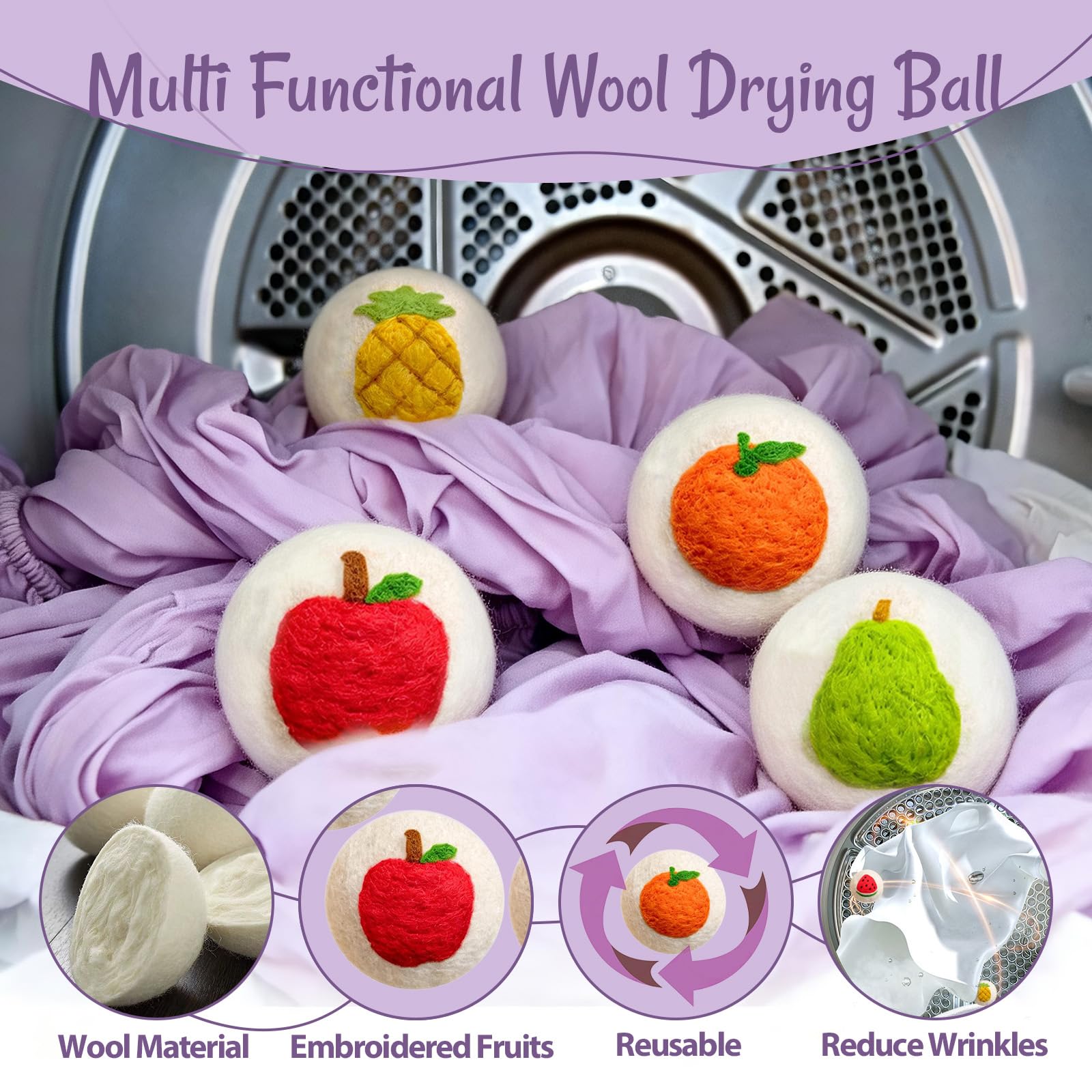 Uloryce Wool Dryer Balls XL 6 Pack, Reusable Laundry Dryer Balls with Cute Fruit Design, Reduce Drying Time, Soften Clothes, Anti Static, Eco Friendly