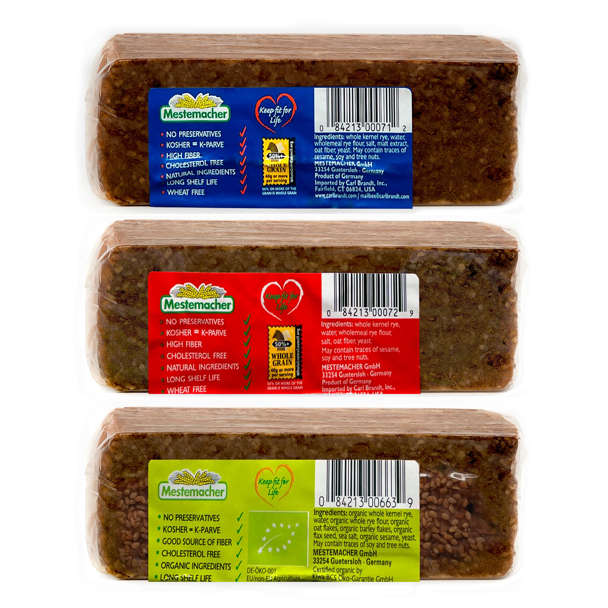 Mestemacher Natural High Fiber Bread 3 Flavor Variety Bundle: (1) Mestemacher Organic Three Grain Bread, (1) Mestemacher Pumpernickel Bread