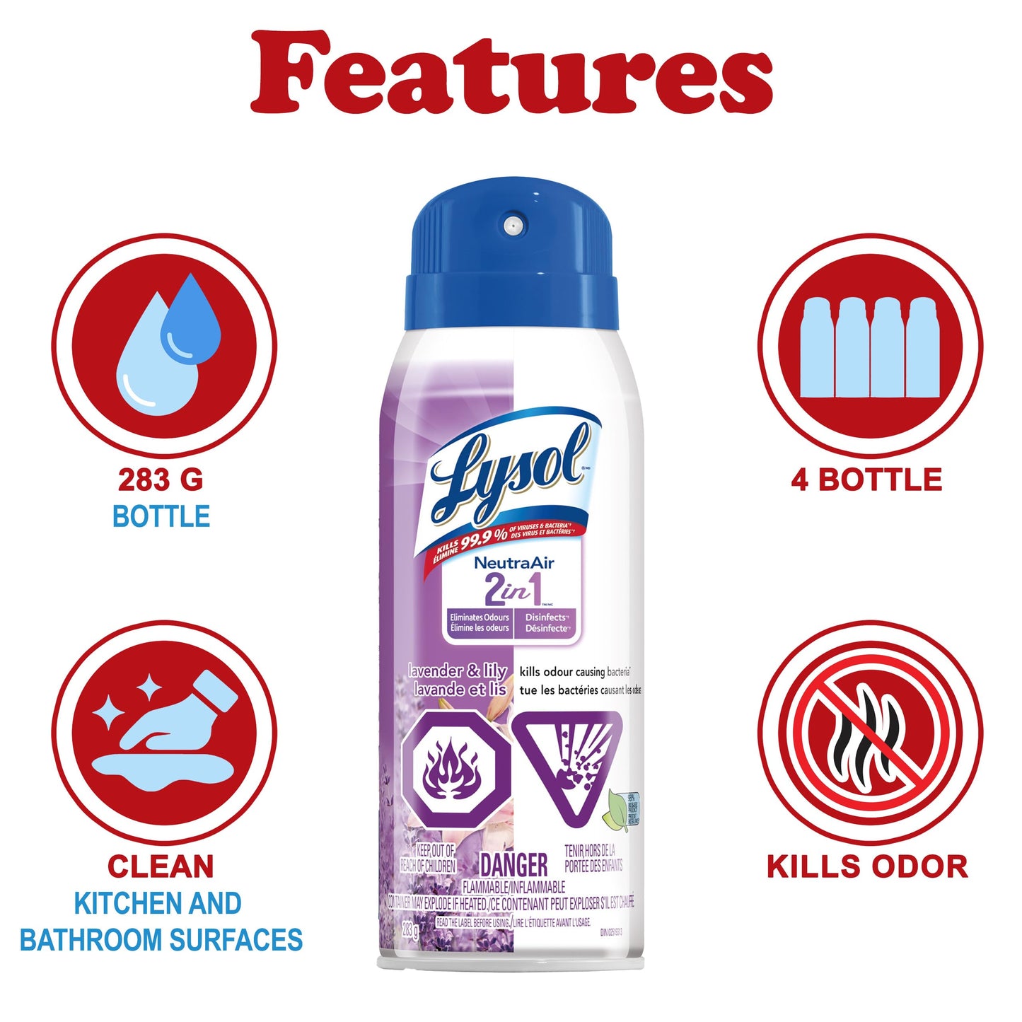 Lysol Neutra Air 2 in 1 Disinfectant Spray, Lavender and Lily Scent, Eliminates Odors, 10 Ounces (Pack of 4)