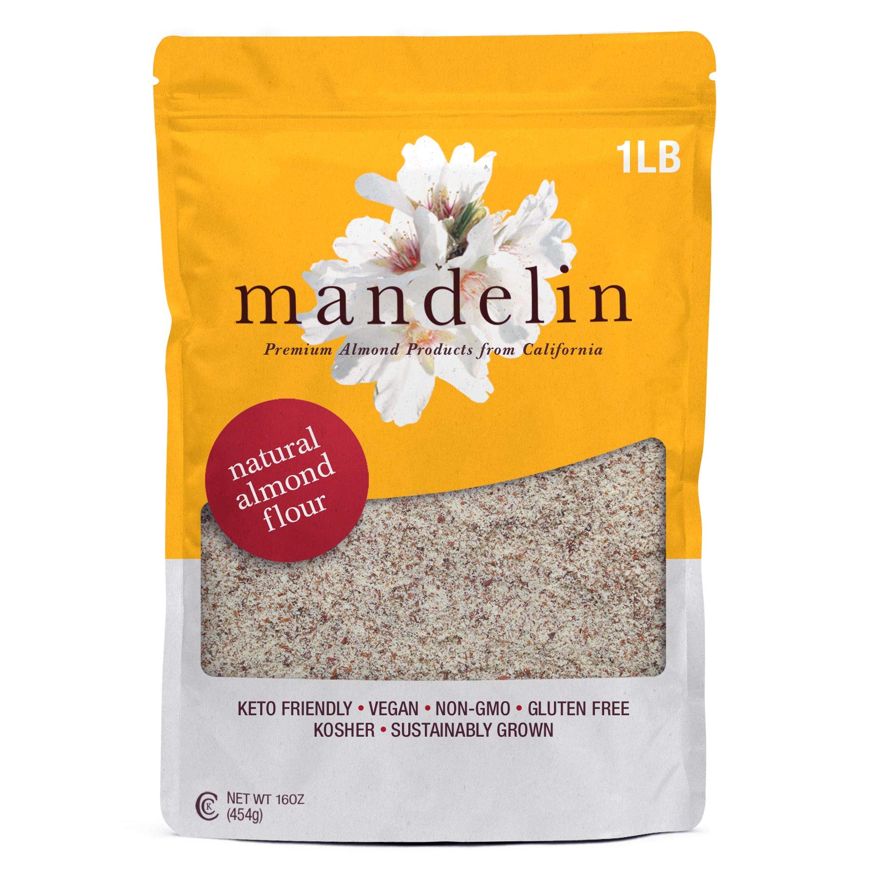 Mandelin Grower Direct Pure Natural Almond Flour with Skin (1 lb), Non-GMO, Gluten Free, Vegan, Keto, Plant Based Diet Friendly, Kosher for Passover