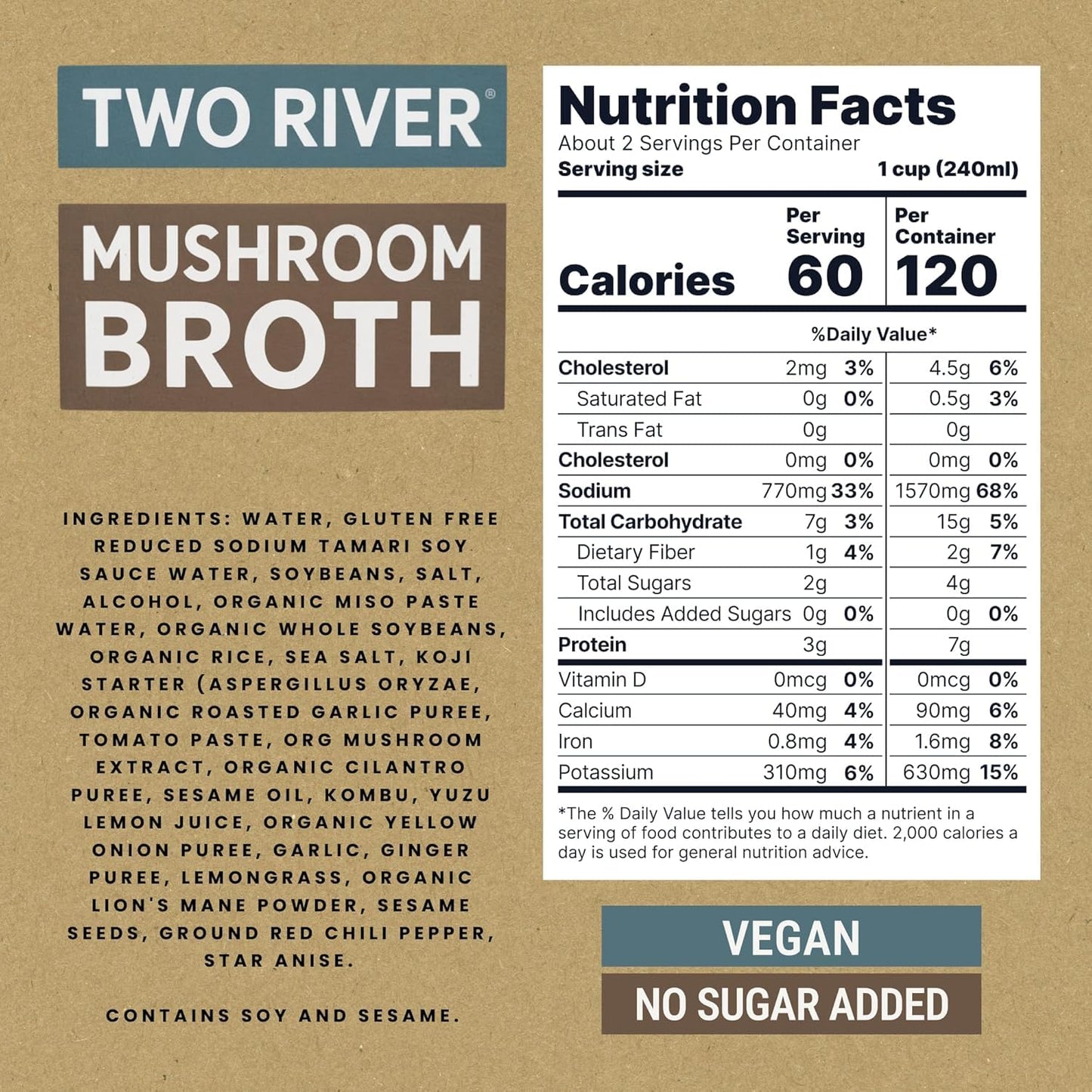Two River Lion's Mane Mushroom Broth made with organic Lion's Mane and Shiitake Mushrooms, vegan plus adaptogens, perfect for sipping and souping