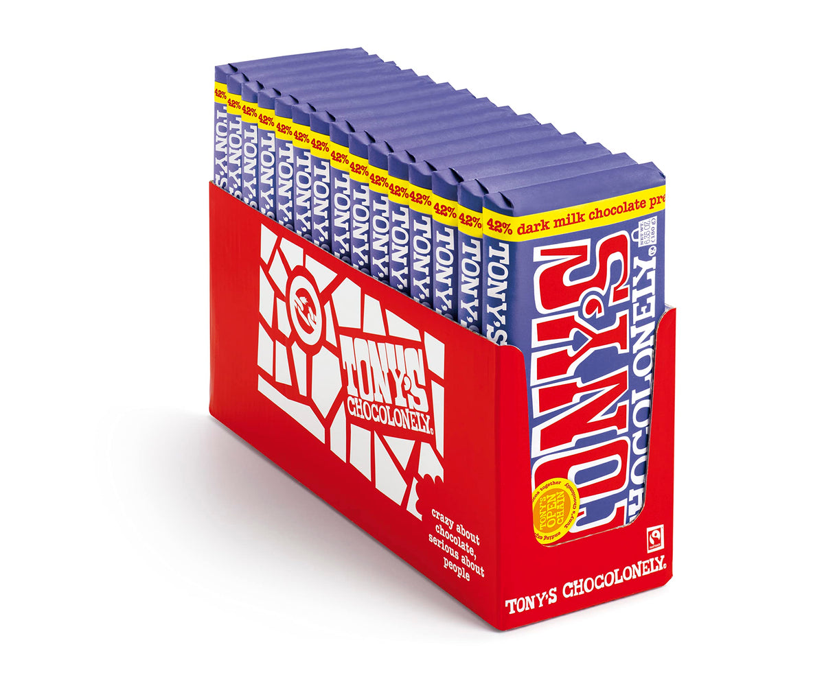 Tony's Chocolonely 42% Dark Milk Chocolate Bar with Pretzel & Toffee - Dark Milk Chocolate, Pretzel & Toffee Chunks, Belgium Chocolate, No Artificial