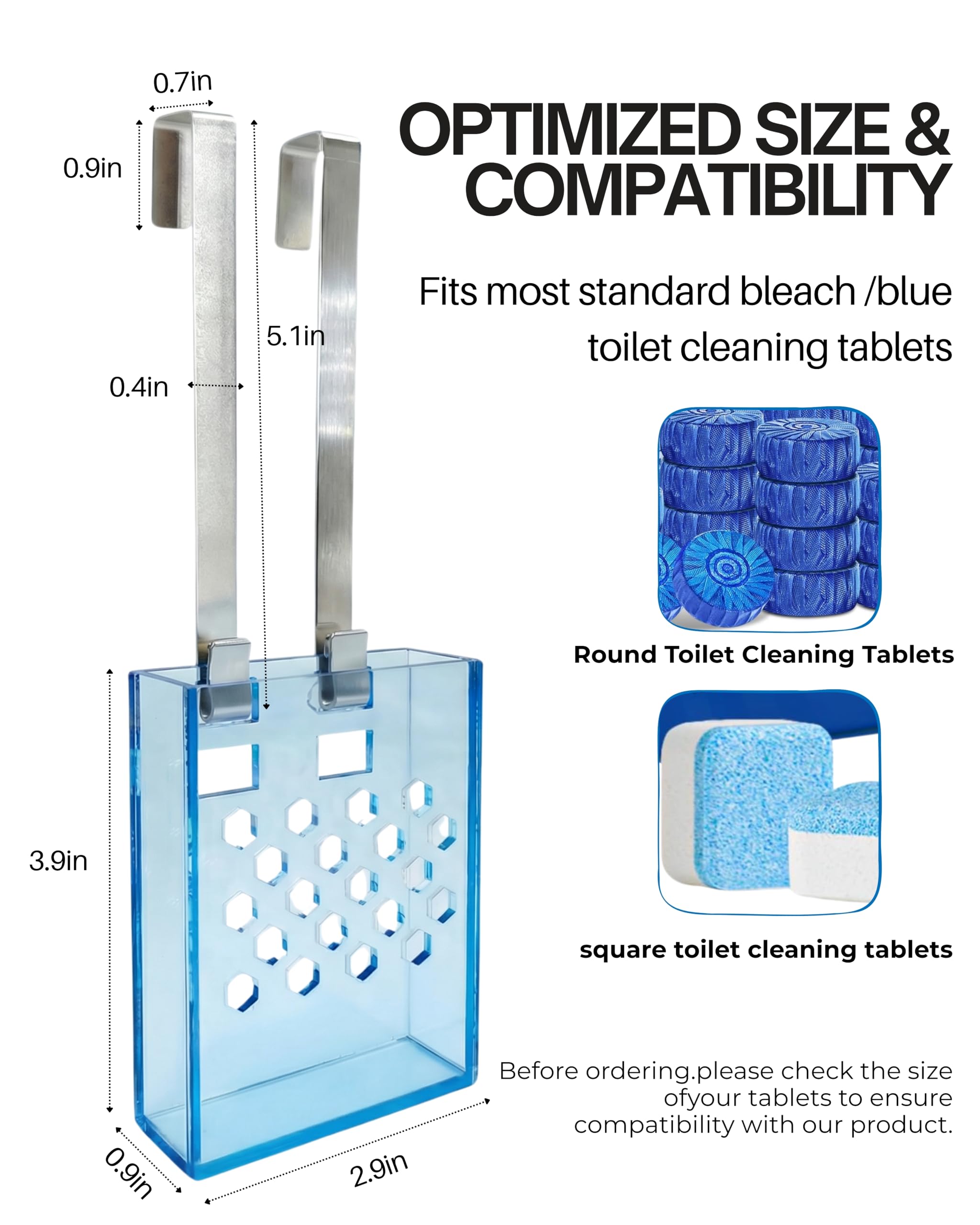 Toilet Tank Cleaning Tablet Holder with Adjustable Stainless Steel Hook - Hanging Dispenser Carrier for Toilet Bowl Cleaners - Prevents Residue