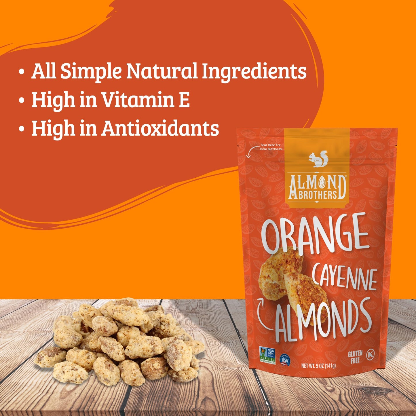 Almond Brothers Roasted Almonds - Pack of 3, 5 oz - Orange Almonds with Cayenne Pepper - Gluten-Free, Non-GMO