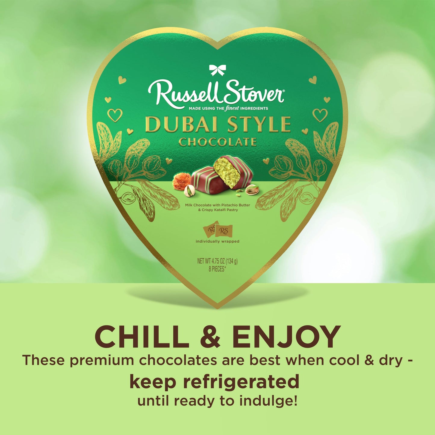RUSSELL STOVER Valentine's Day Dubai Style Milk Chocolate Candy Pistachio & Kataifi Heart Gift Box, 4.75 oz.