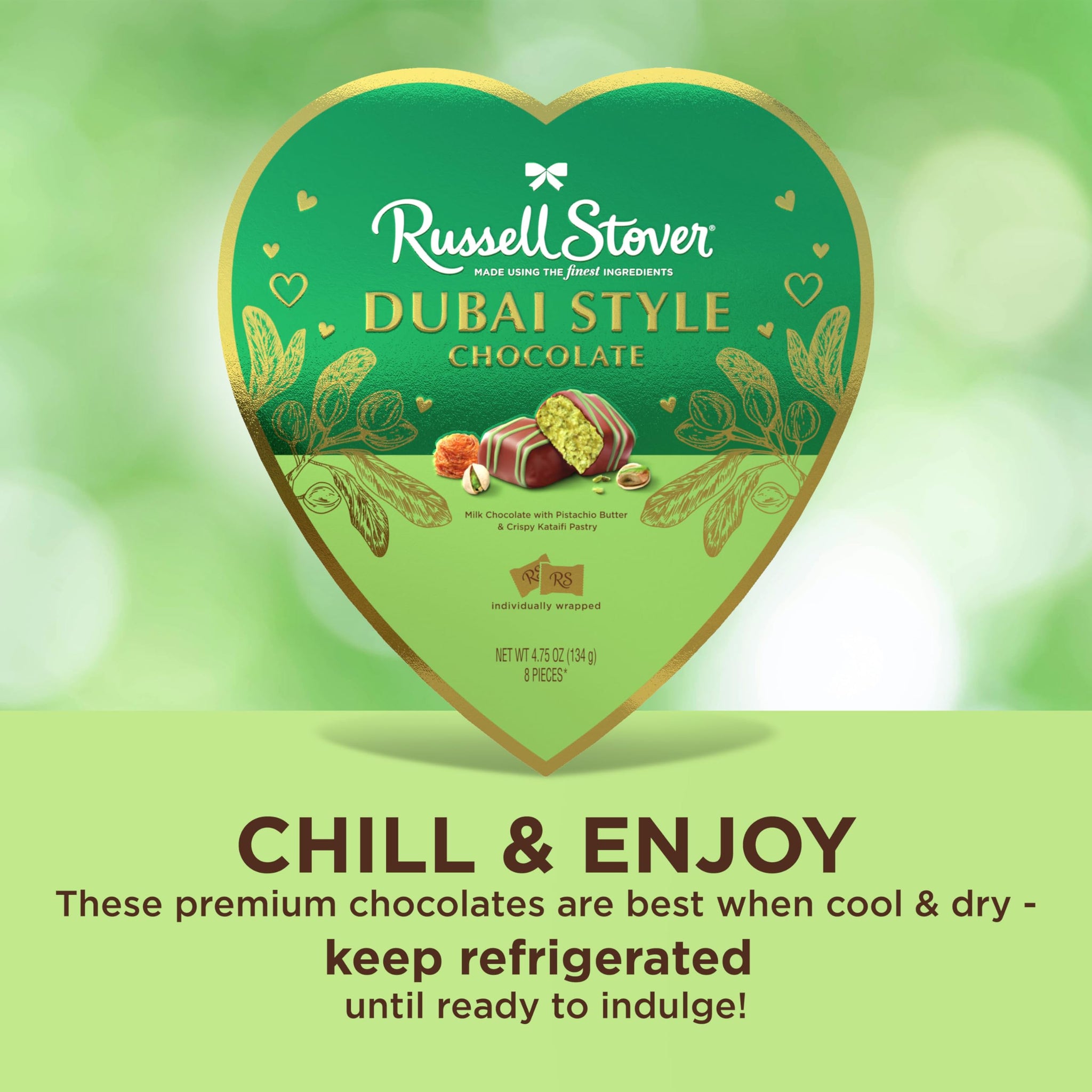 RUSSELL STOVER Valentine's Day Dubai Style Milk Chocolate Candy Pistachio & Kataifi Heart Gift Box, 4.75 oz.