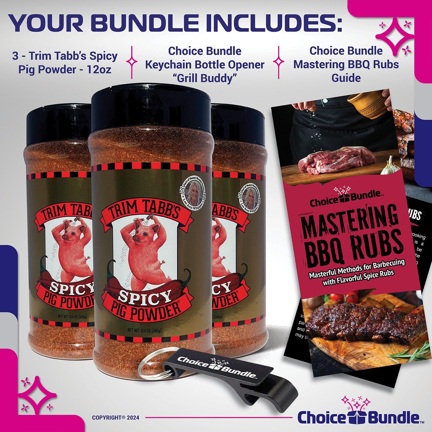 Trim Tabb’s Spicy Pig Powder Premium BBQ Barbecue Rub & Seasoning 3 Pk (36 oz) + BBQ Masters & Opener (5 Items)!