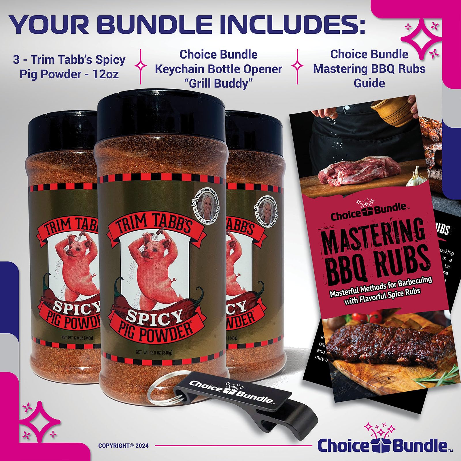 Trim Tabb’s Spicy Pig Powder Premium BBQ Barbecue Rub & Seasoning 3 Pk (36 oz) + BBQ Masters & Opener (5 Items)!