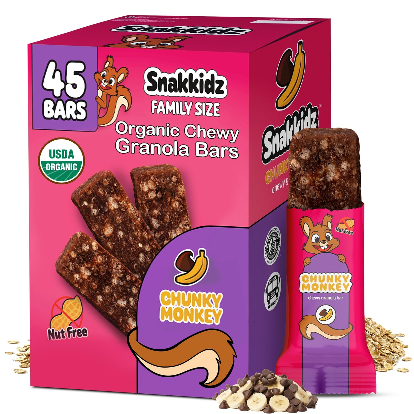 Snakkidz Organic Chewy Granola Bars for Kids, Allergen-Free, Nut-Free, Gluten-Free, Low Sugar Snack Bars Made with Avocado Oil, Individually Wrapped