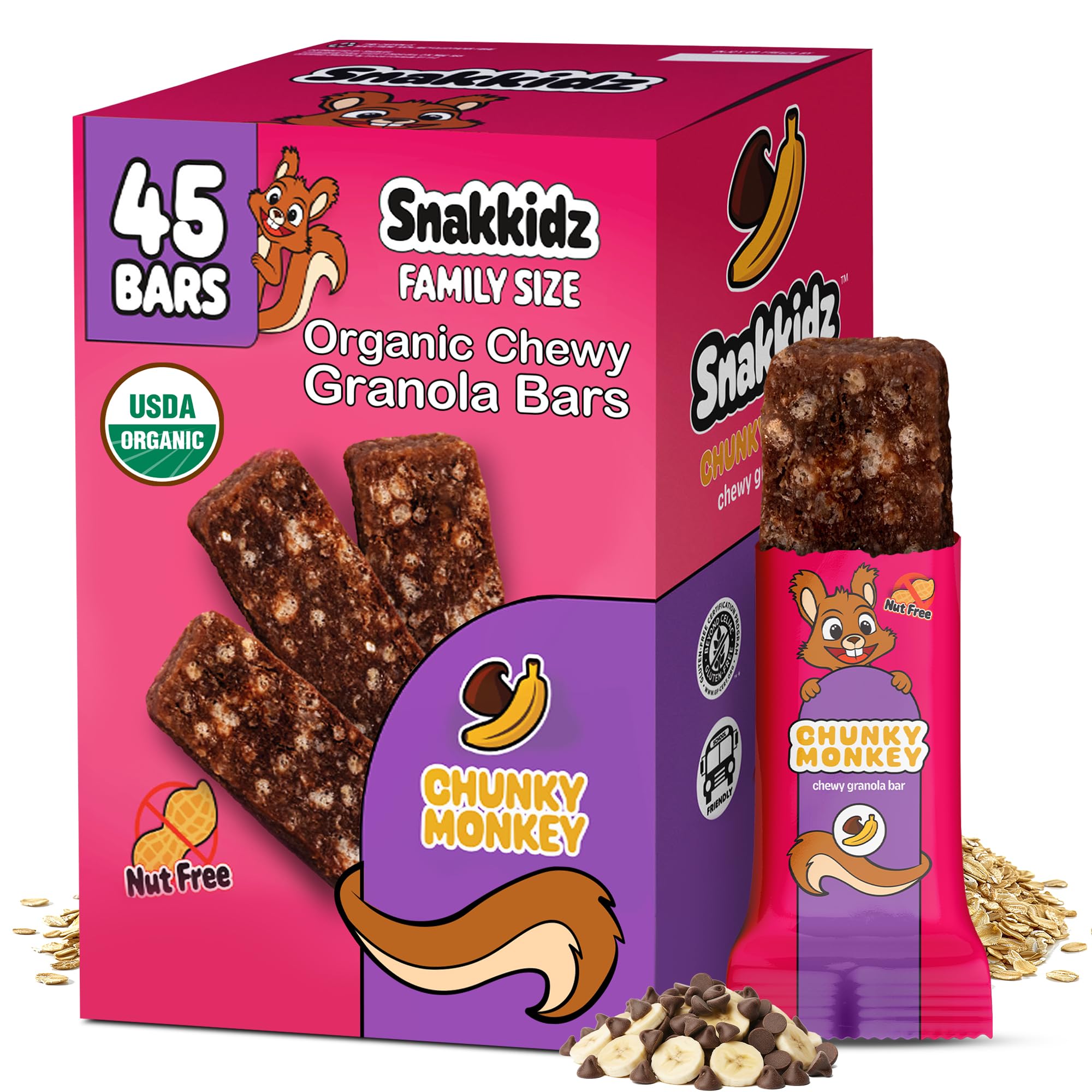 Snakkidz Organic Chewy Granola Bars for Kids, Allergen-Free, Nut-Free, Gluten-Free, Low Sugar Snack Bars Made with Avocado Oil, Individually Wrapped