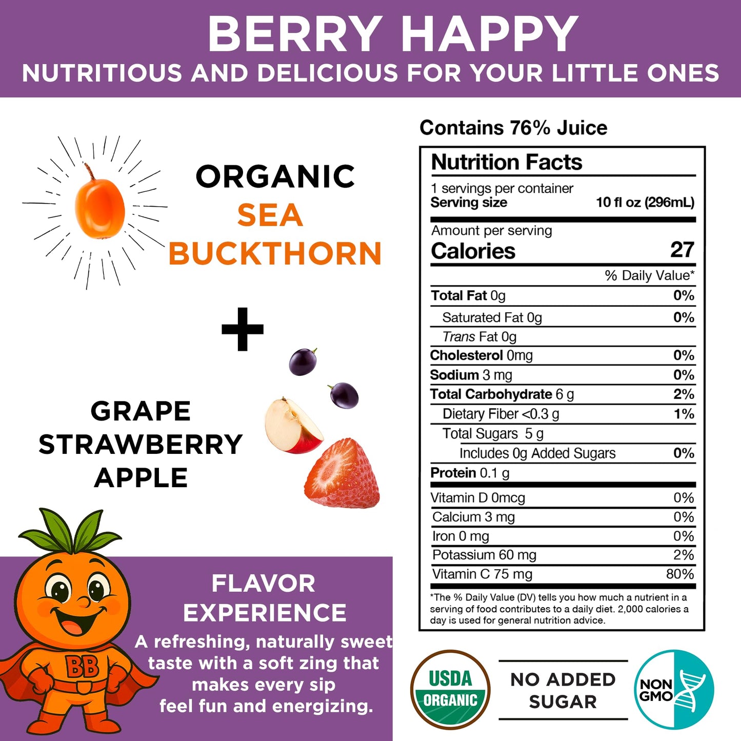 Miracle Sea Buckthorn Kids BERRY BOOM - Organic Sea Buckthorn Juice for Kids | Strawberry, Grape & Apple Blend | No Added Sugar, Non-GMO | Immune