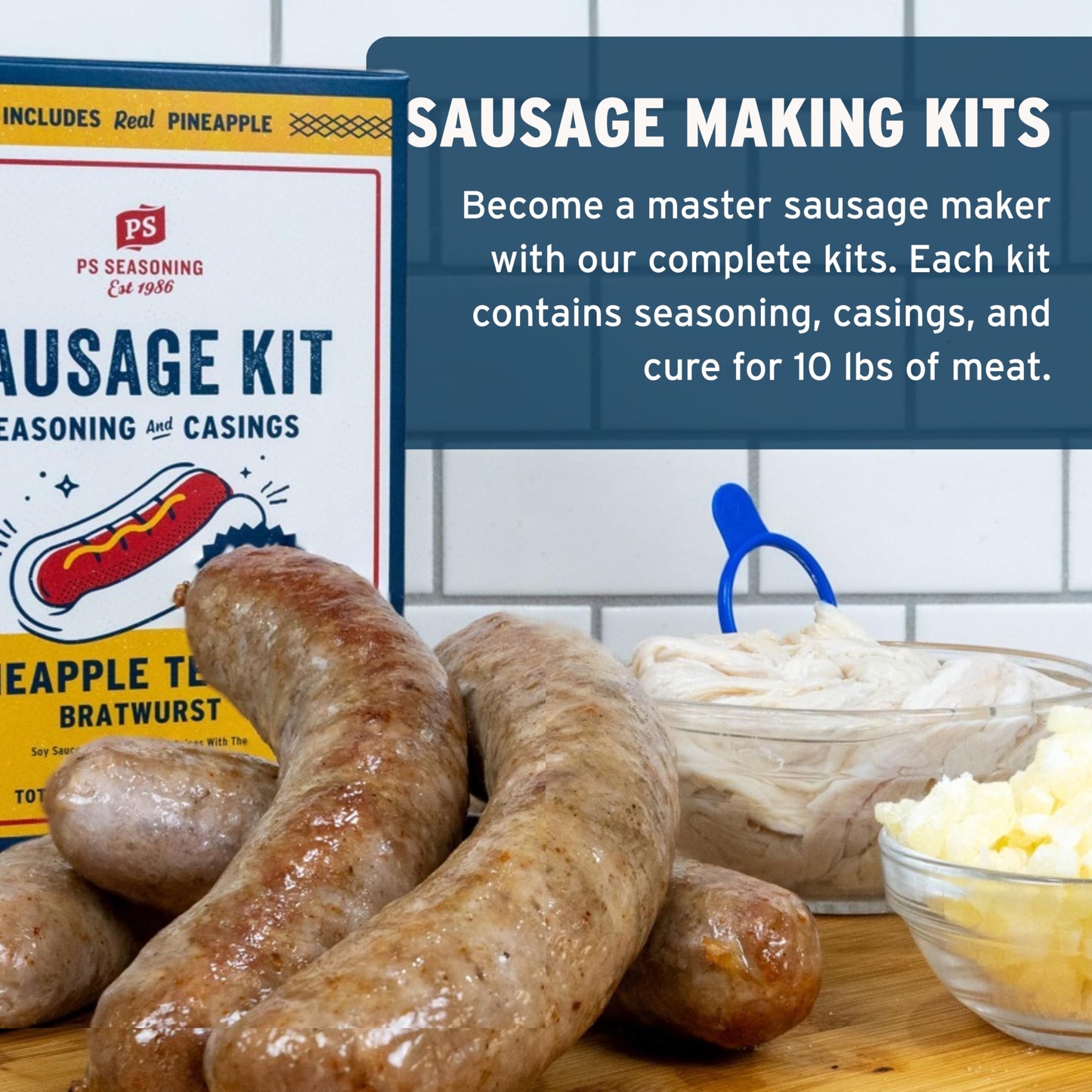 PS Seasoning Pineapple Teriyaki Bratwurst Kit - Sausage making Seasoning And Natural Hog Casings For 10 Lbs Of Meat Easy Homemade Brats For Pork