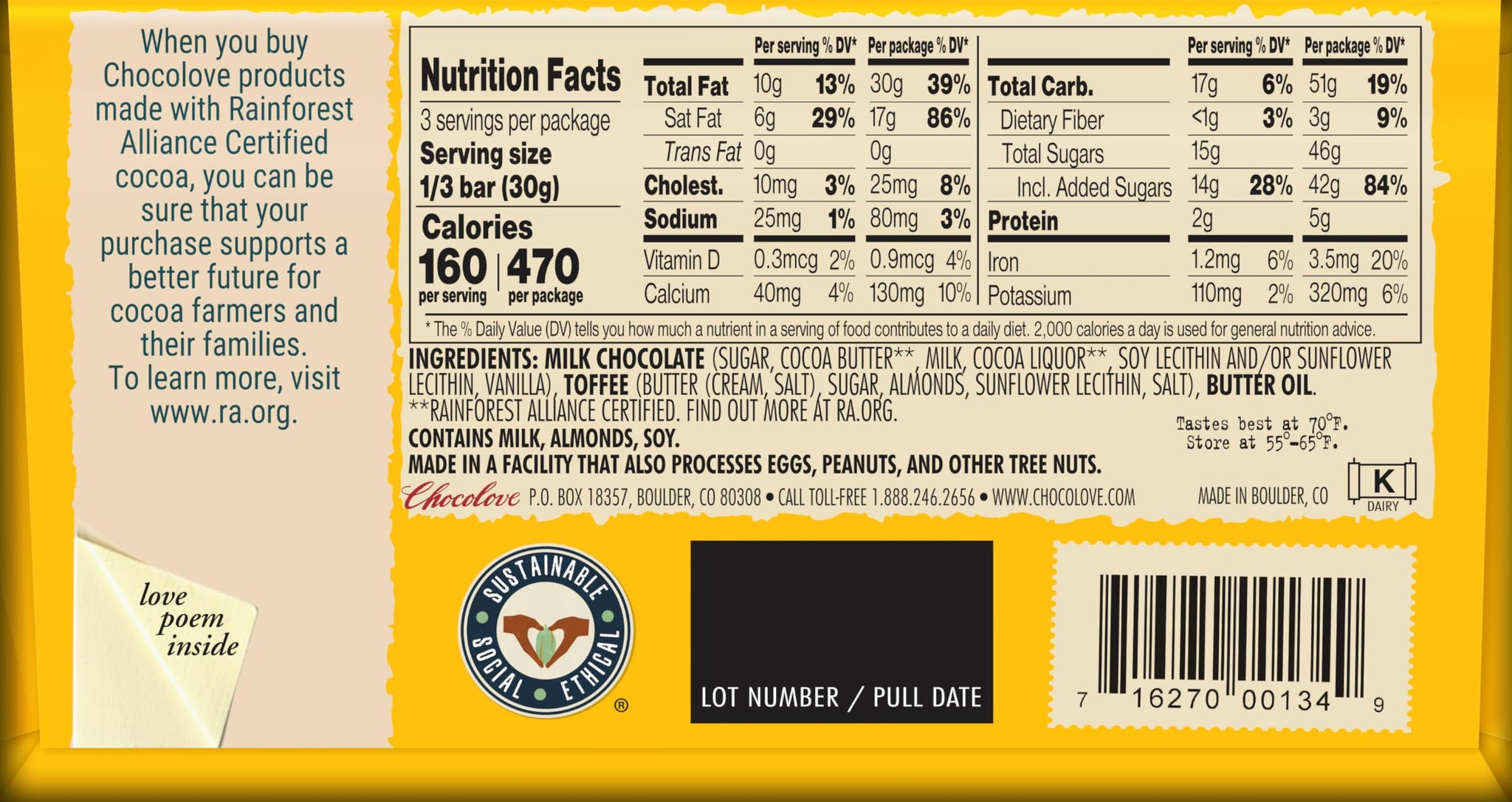 Chocolove - Milk Chocolate Bar Toffee & Almonds - 3.2 oz.