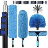 25ft High Ceiling Duster Kits with 5-18ft Heavy Duty Extension Pole - Fan Blade Cleaner, Cobweb Remover & Blue Window Squeegee Kit, Washable Dust