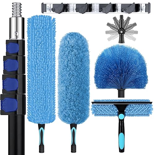 25ft High Ceiling Duster Kits with 5-18ft Heavy Duty Extension Pole - Fan Blade Cleaner, Cobweb Remover & Blue Window Squeegee Kit, Washable Dust