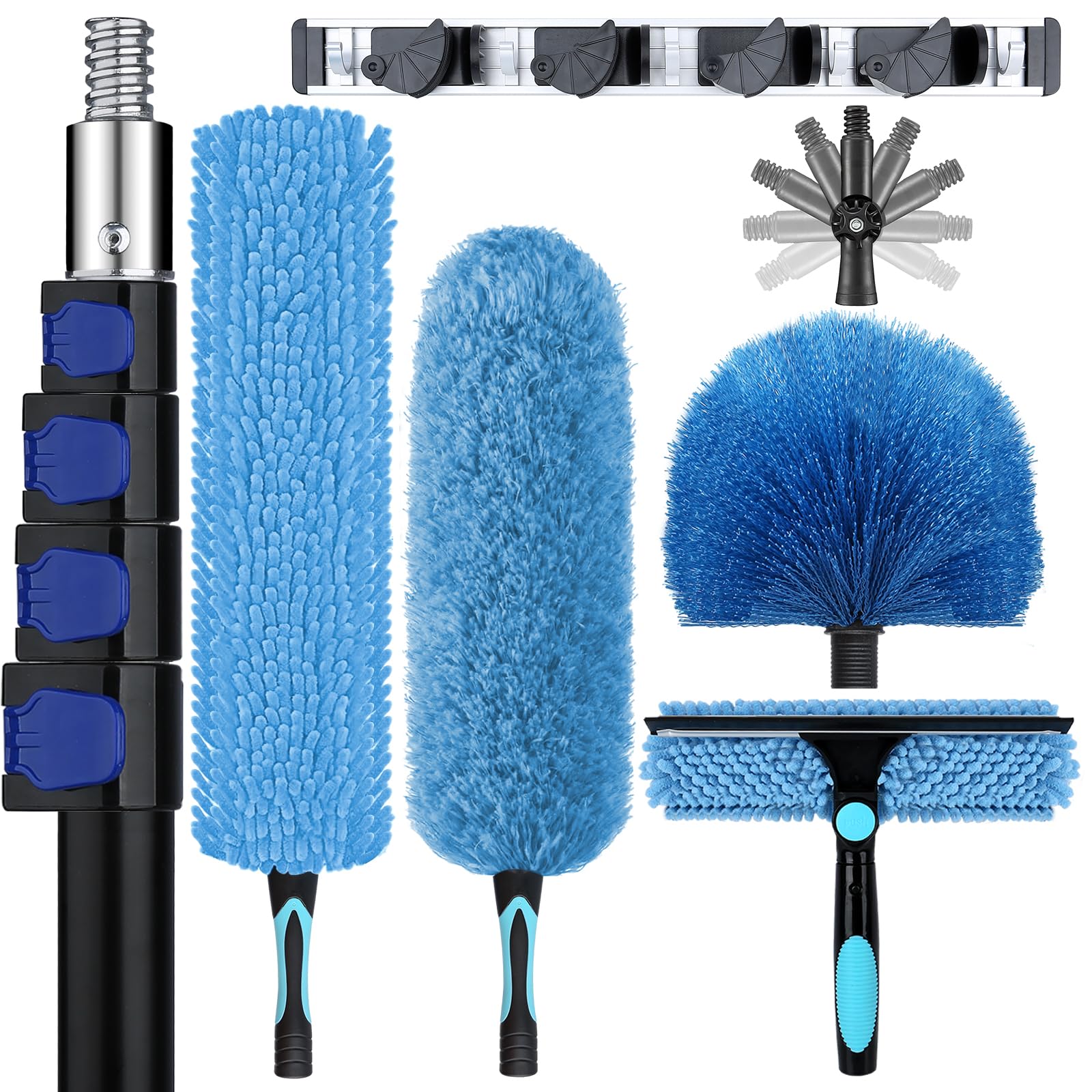 25ft High Ceiling Duster Kits with 5-18ft Heavy Duty Extension Pole - Fan Blade Cleaner, Cobweb Remover & Blue Window Squeegee Kit, Washable Dust