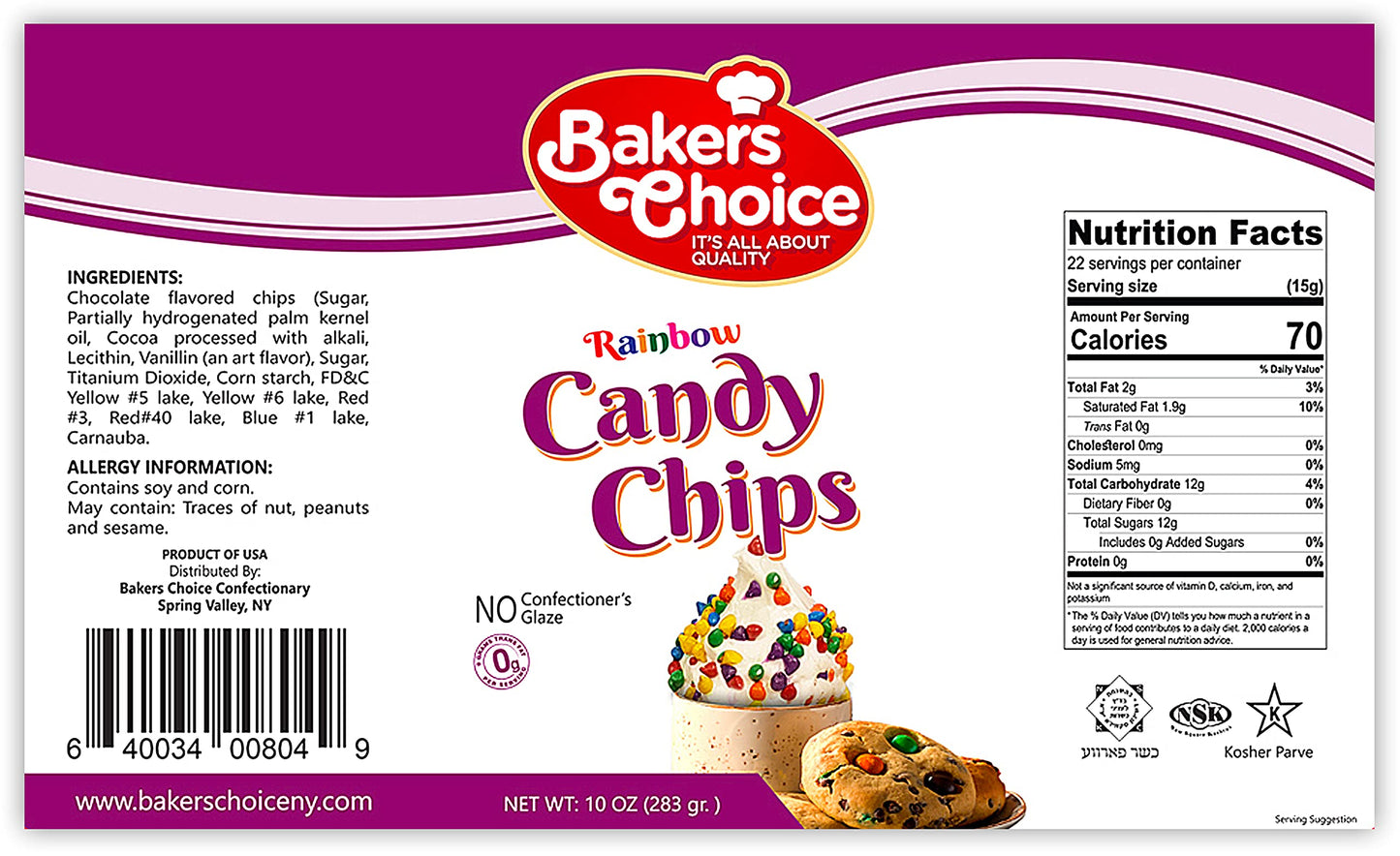 Rainbow Candy Coated Chocolate Chips - Dairy Free, Kosher - 10 oz. - Baker's Choice