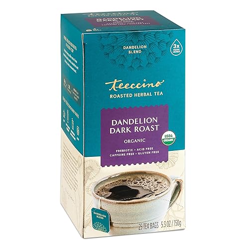 Teeccino Dandelion Herbal Tea - Dark Roast - 25 Tea Bags, Caffeine-Free, Roasted Herbal Tea with Prebiotics, 3x More Herbs than Regular Tea Bags