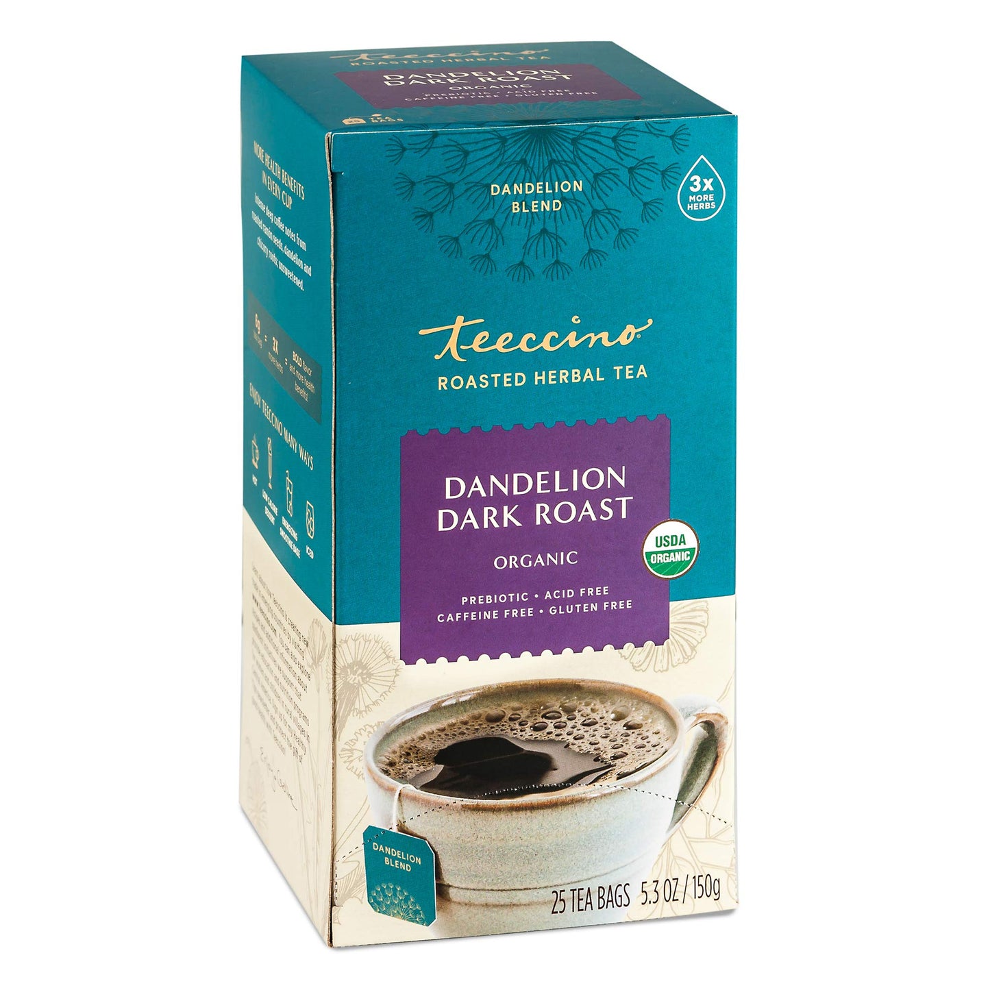 Teeccino Dandelion Herbal Tea - Dark Roast - 25 Tea Bags, Caffeine-Free, Roasted Herbal Tea with Prebiotics, 3x More Herbs than Regular Tea Bags