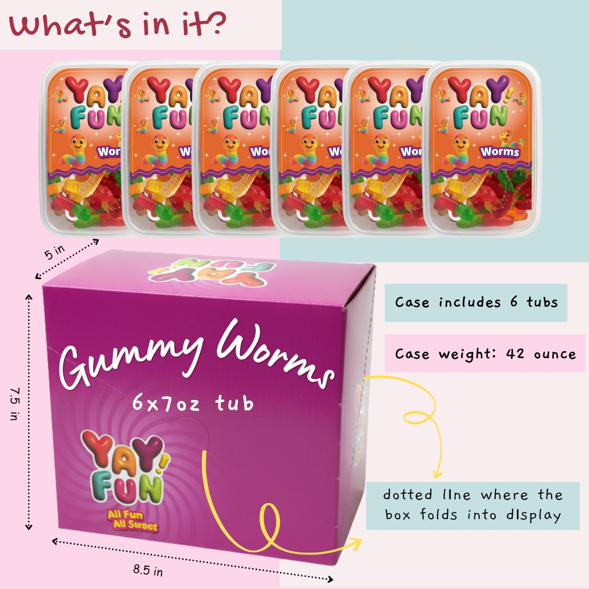 Halal Gummy Worms | 6 Pack Bundle (6x7 oz Tubs) | Colorful Fruit-Flavored Gummy Worms | Resealable Tubs in Bulk with Display Box | Halal Bulk Gummy