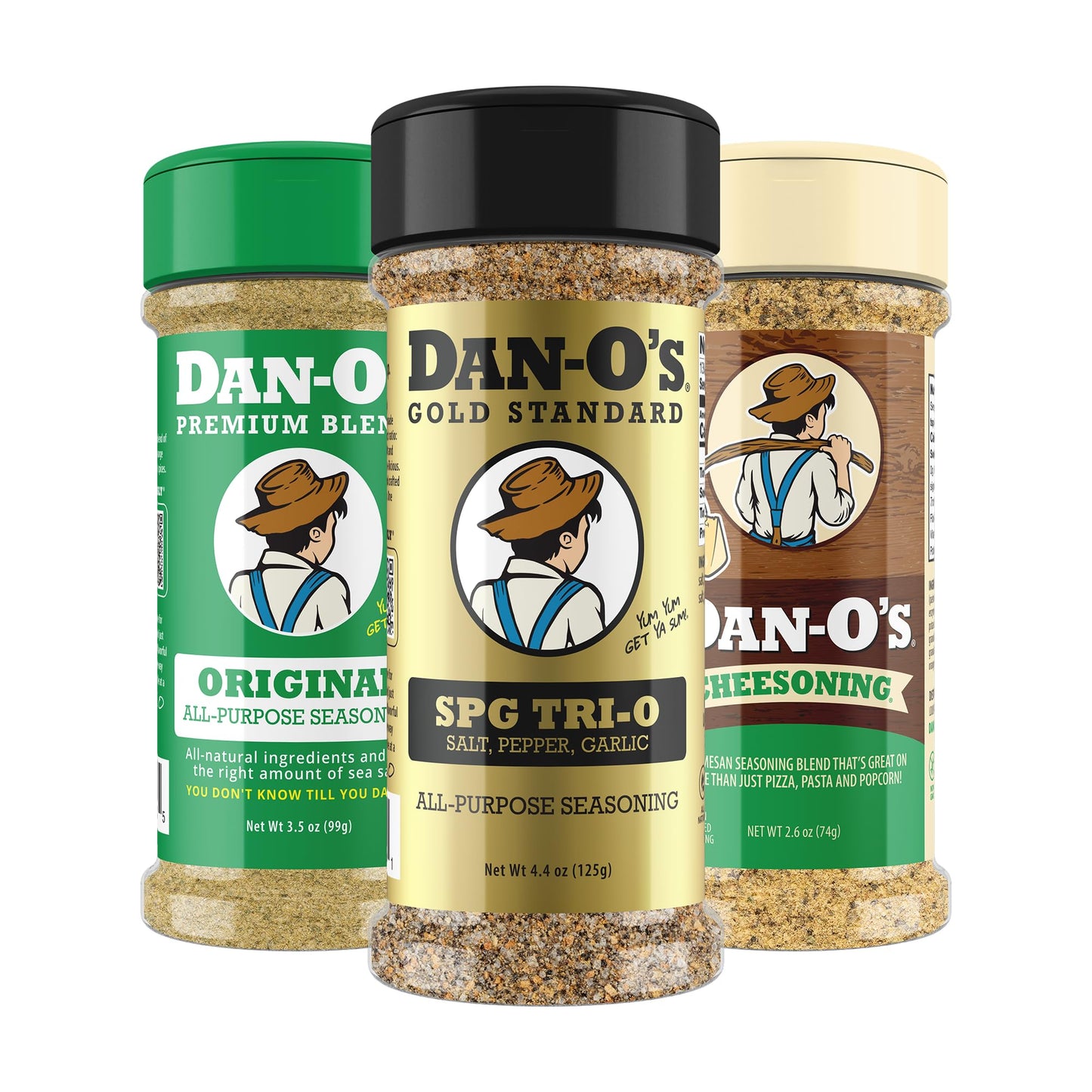 Dan-O’s SPG Tri-O, Original & Cheesoning Variety Pack - 3 Bottles - Salt Pepper Garlic, All Purpose & Parmesan Seasoning Bundle