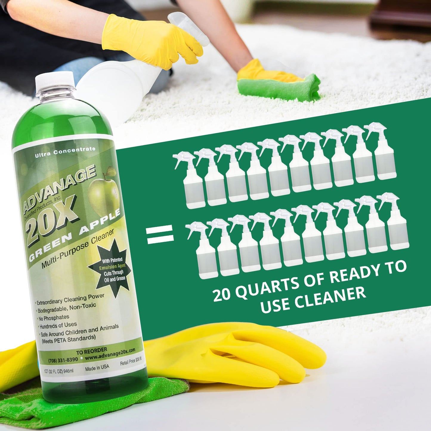 Advanage 20X All Purpose Cleaner Concentrate - Green Apple Eco-Friendly Heavy Duty Degreaser, Multisurface Cleaner for Bathroom, Kitchen, Floors