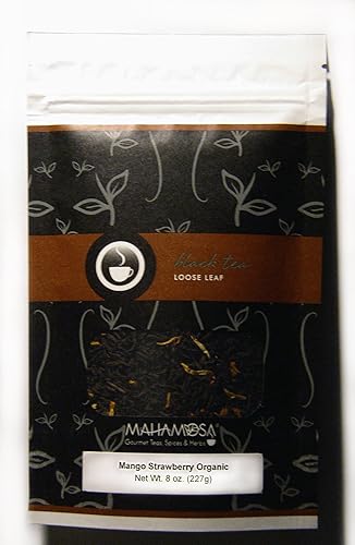Mahamosa Mango Strawberry Organic Loose Black Tea 8 oz, Loose Leaf Black Tea Blend (with strawberry slices, mango cubes, marigold blossoms)
