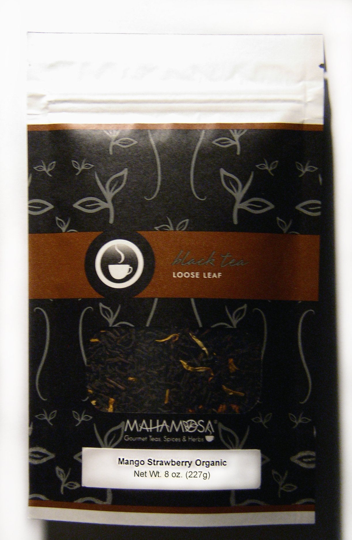 Mahamosa Mango Strawberry Organic Loose Black Tea 8 oz, Loose Leaf Black Tea Blend (with strawberry slices, mango cubes, marigold blossoms)