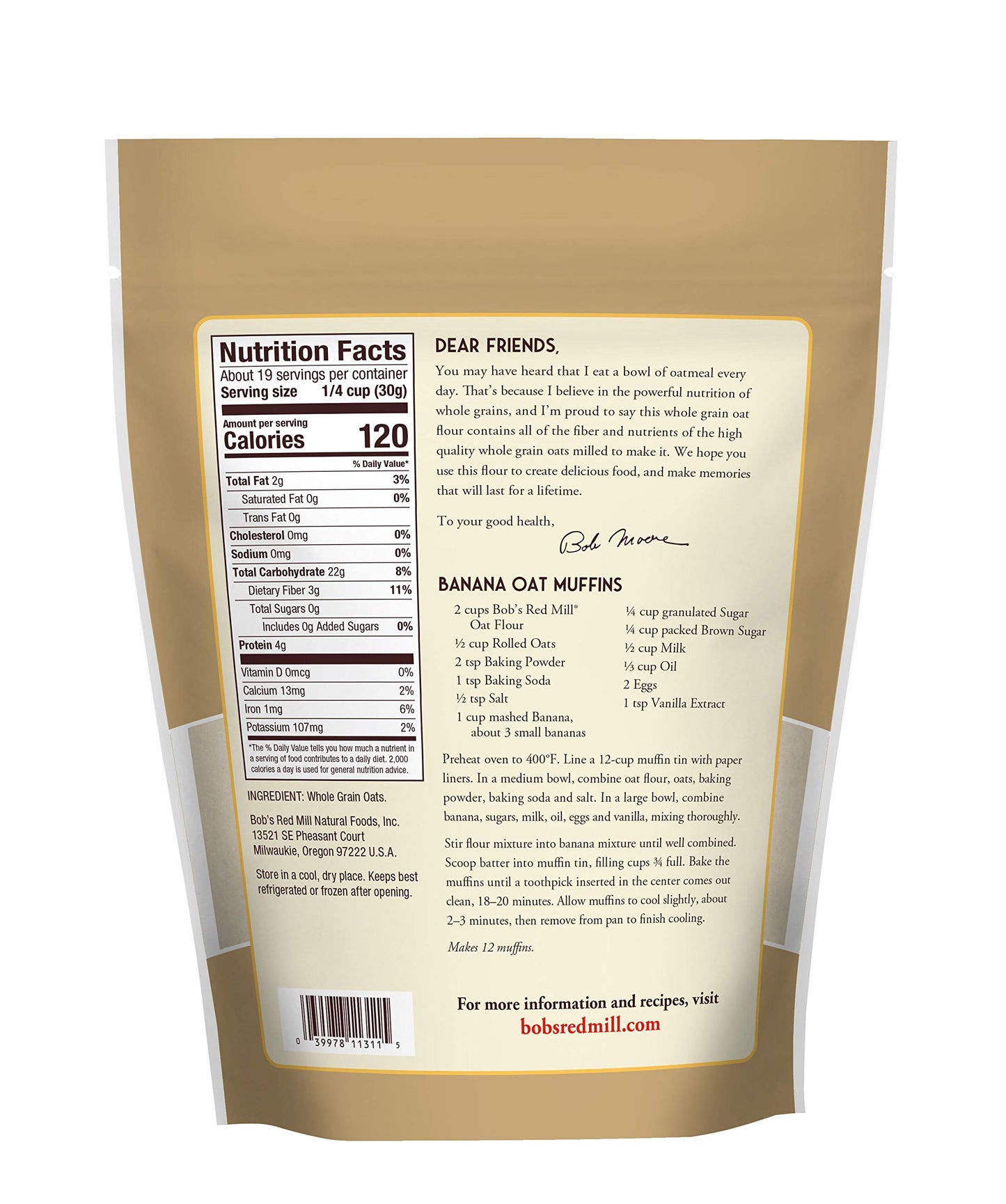 Bob's Red Mill Whole Grain Oat Flour, 20oz (Pack of 1) - Whole Grain, Vegan, Kosher