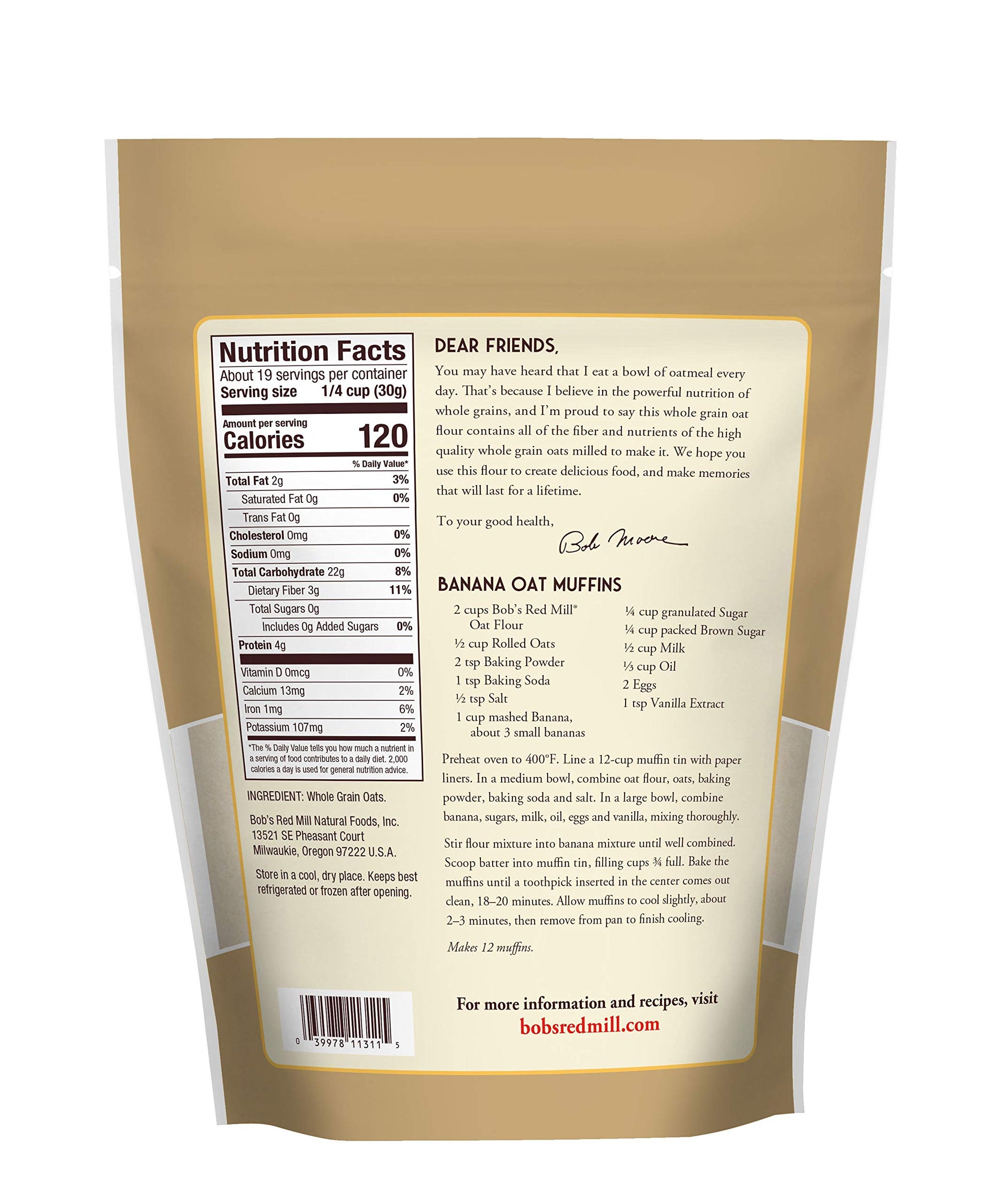 Bob's Red Mill Whole Grain Oat Flour, 20oz (Pack of 1) - Whole Grain, Vegan, Kosher