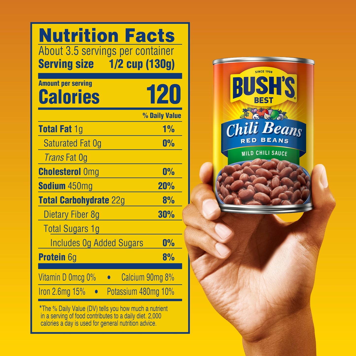 Bush's Canned Mild Red Chili Beans (Pack of 1), Plant-Based Protein, Excellent Source of Fiber, Low Fat, Gluten Free, in Mild Chili Sauce, 16 oz
